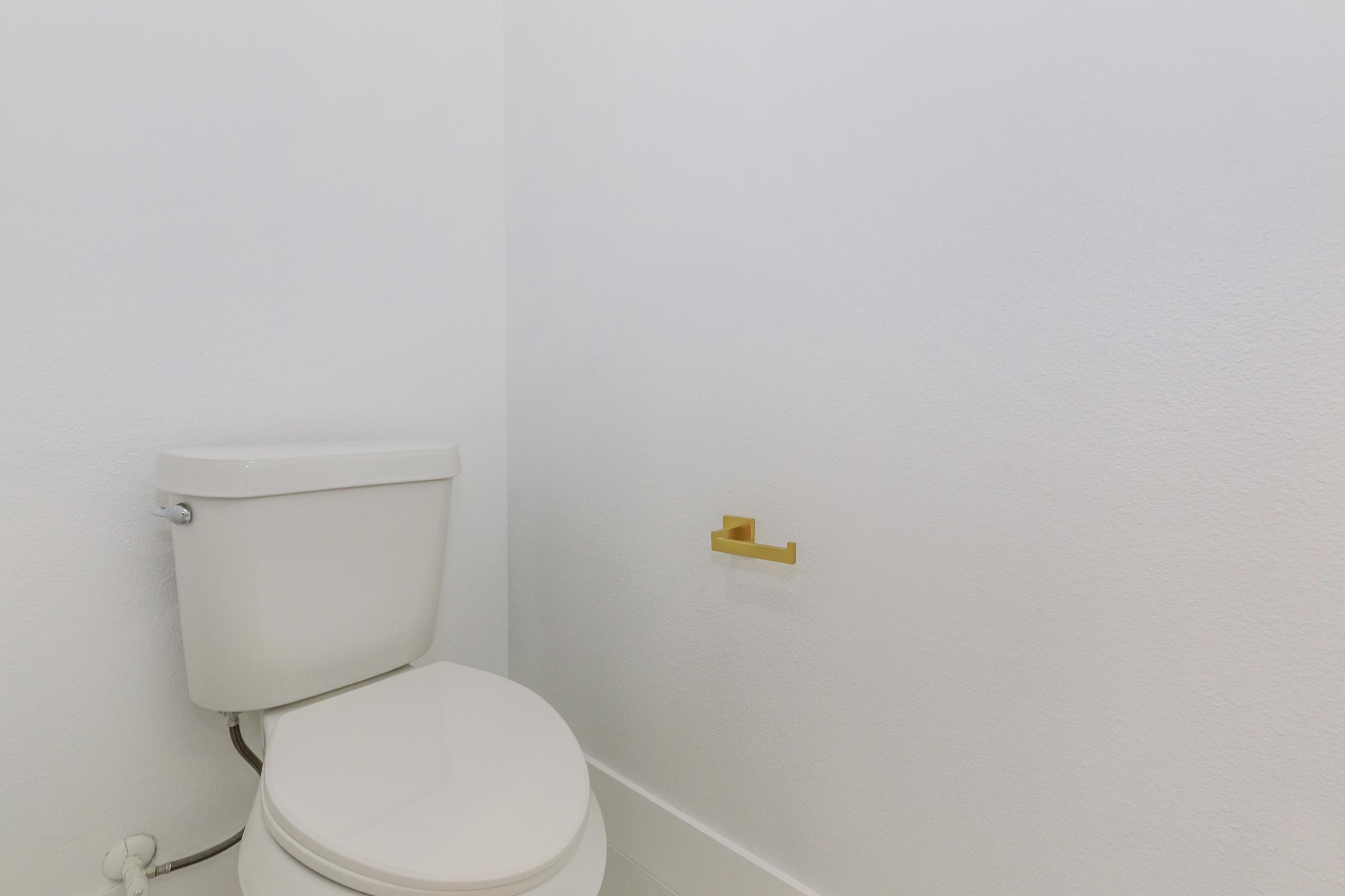 A clean, modern bathroom featuring a white toilet with a closed lid. The background is plain white, and a gold toilet paper holder is mounted on the wall, but there is no toilet paper visible. The overall environment appears minimalistic and well-maintained.