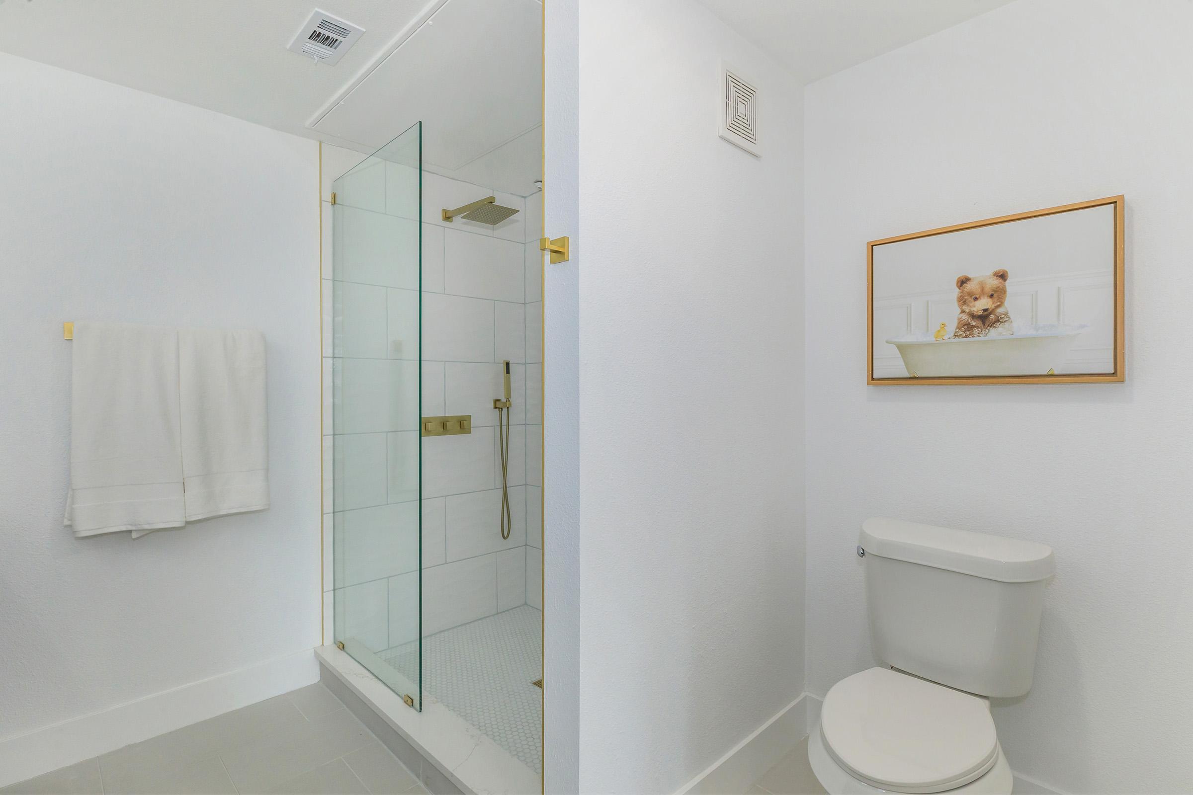 A modern bathroom featuring a glass shower enclosure with gold fixtures, a white toilet, and a wall-mounted towel rack. On the wall, there's a framed picture of a small animal in a bathtub, adding a playful touch to the simple, clean aesthetic.