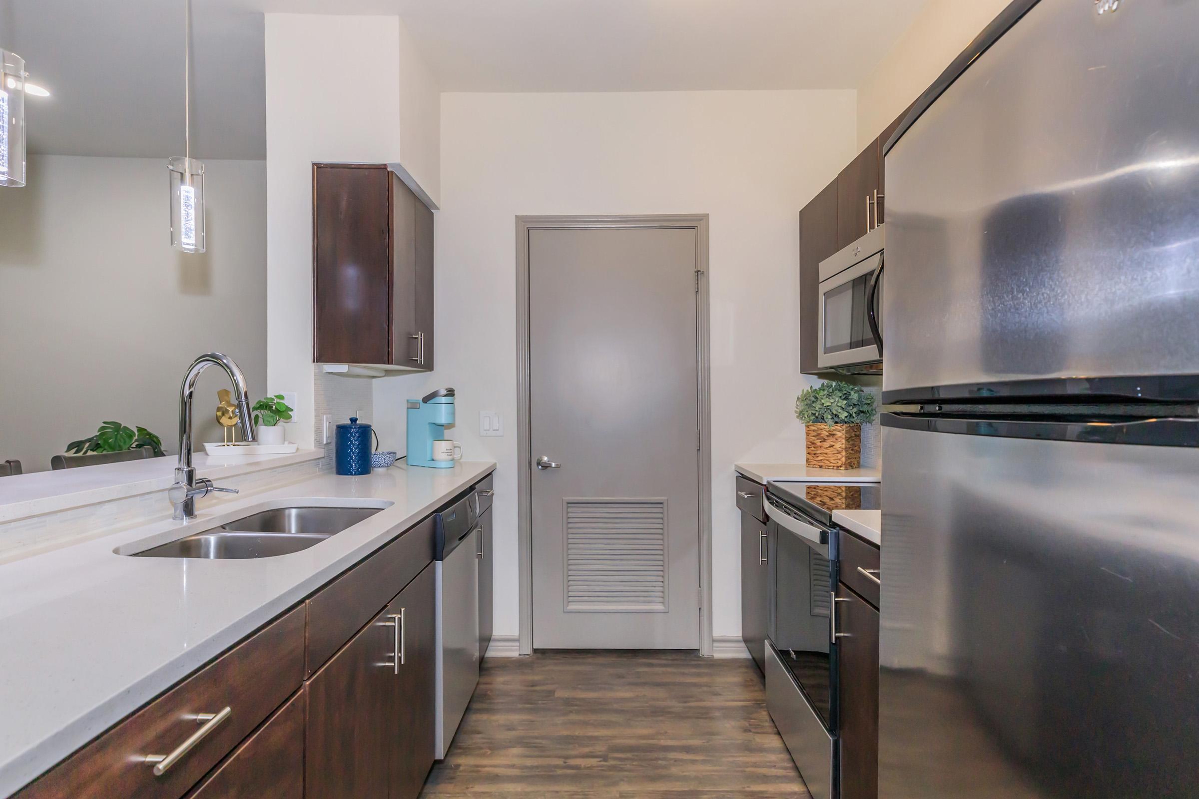 Modern kitchen with dark wood cabinets, stainless steel appliances, and a white countertop. Features include a double sink, a microwave, and a doorway leading to another room. A potted plant adds a touch of greenery, and there are decorative elements on the countertop for a stylish finish.