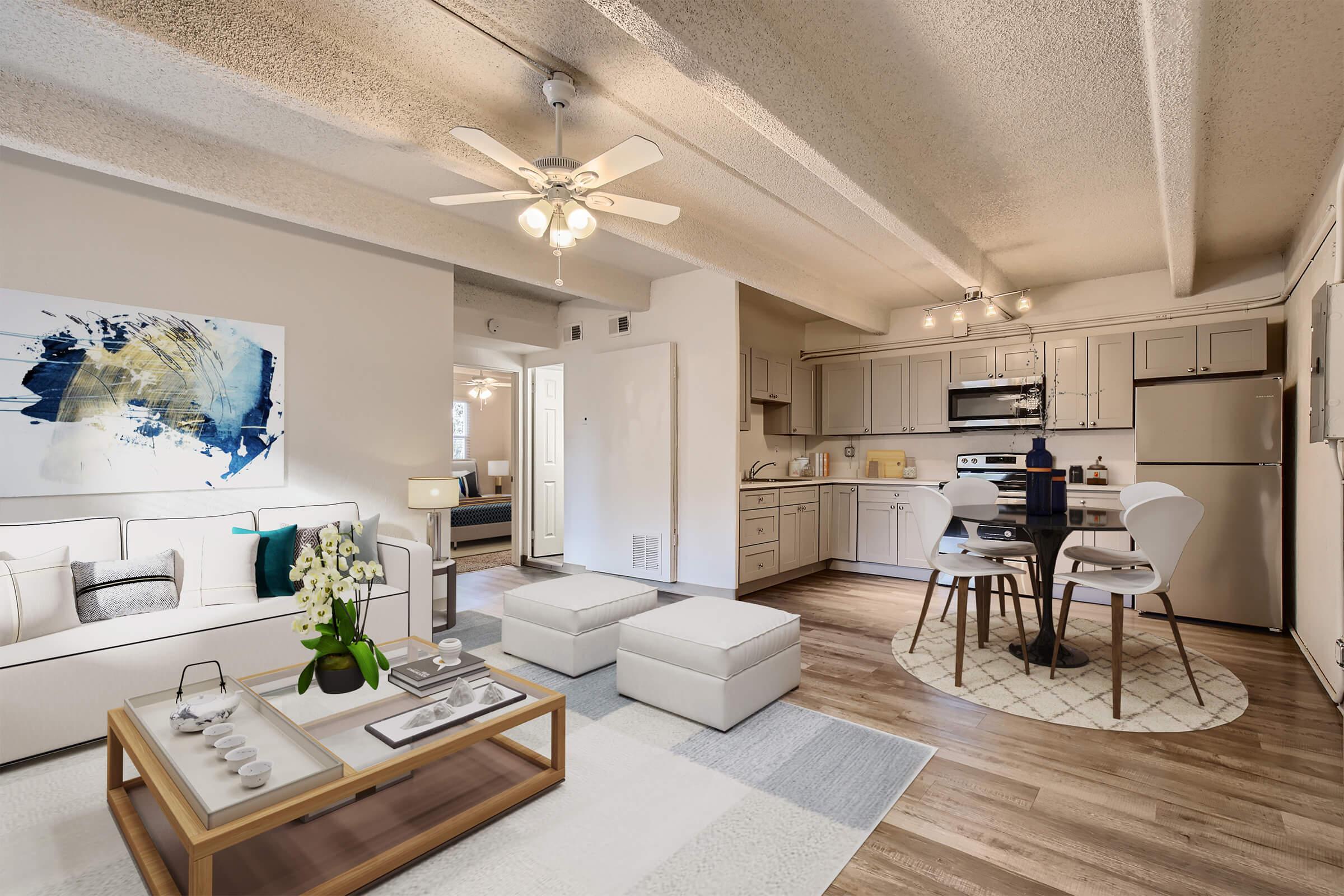 a room filled with furniture and a table