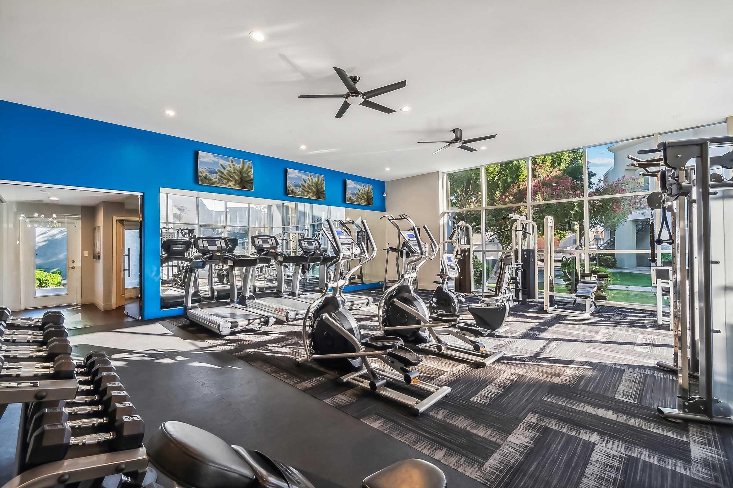 A modern gym interior featuring various exercise equipment, including treadmills, ellipticals, and weights. Large windows allow natural light to fill the space, complemented by blue accent walls and ceiling fans. Four screens are mounted on the wall, and a view of greenery is visible outside.