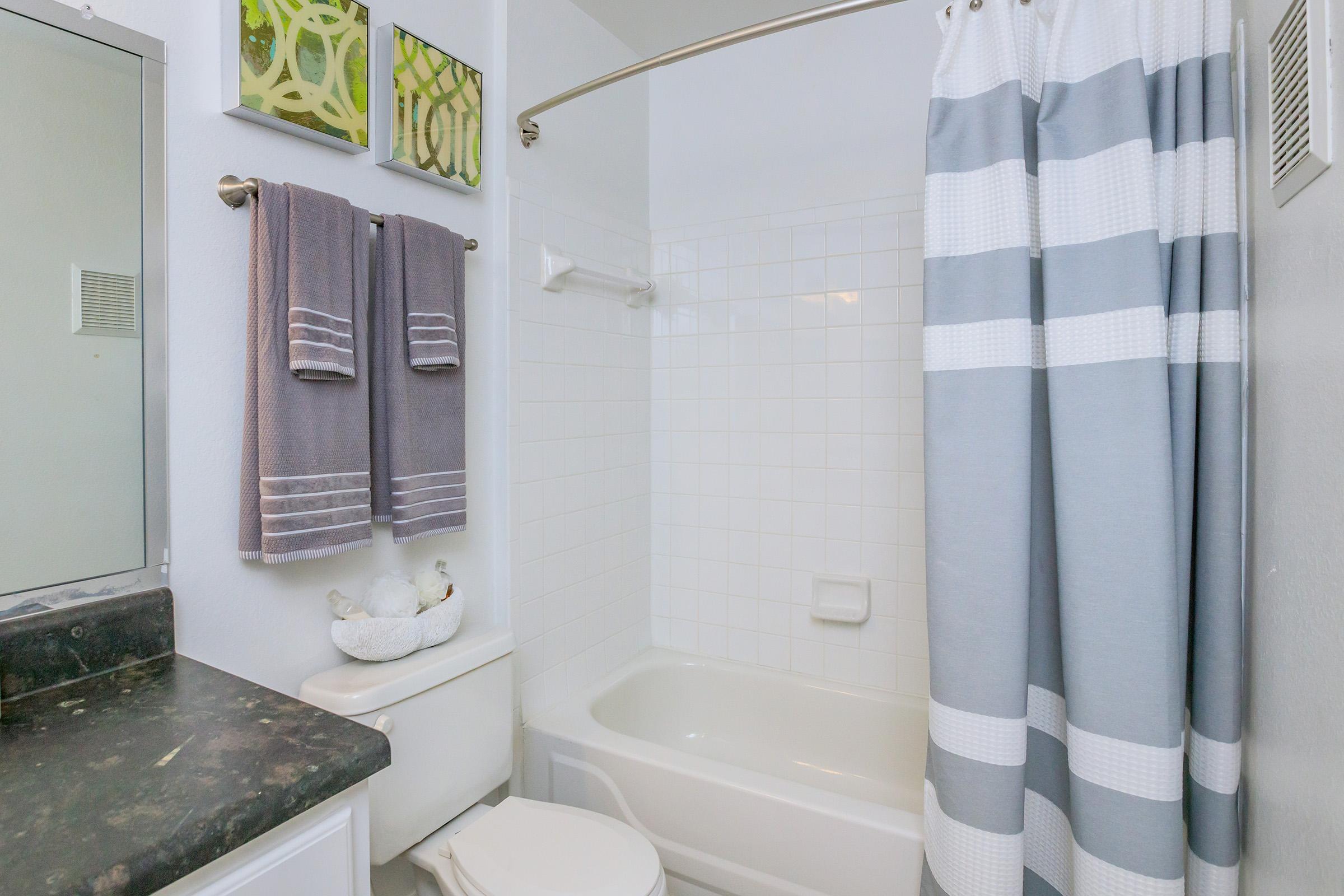 A clean bathroom featuring a white bathtub with a gray and white striped shower curtain, neatly hung towels in gray, and decorative wall art above the toilet. The countertop is dark, and there is a mirror reflecting part of the space, creating a bright and modern atmosphere.