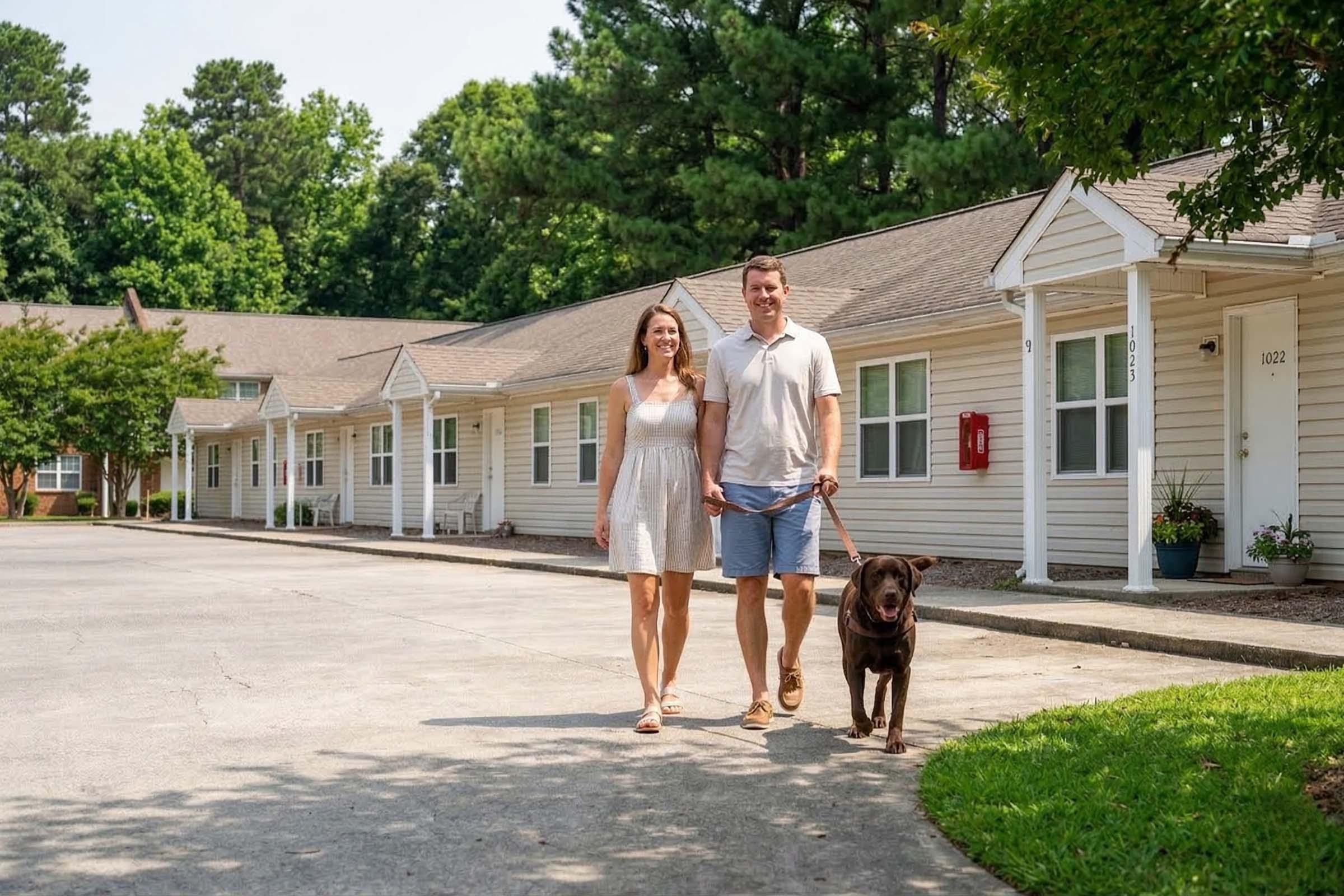 A man and a woman walk together on a paved path in a residential area, accompanied by a brown dog. They are smiling, with the woman wearing a light dress and the man in a casual outfit. There are several similar-looking houses lined along the path, surrounded by trees and greenery.