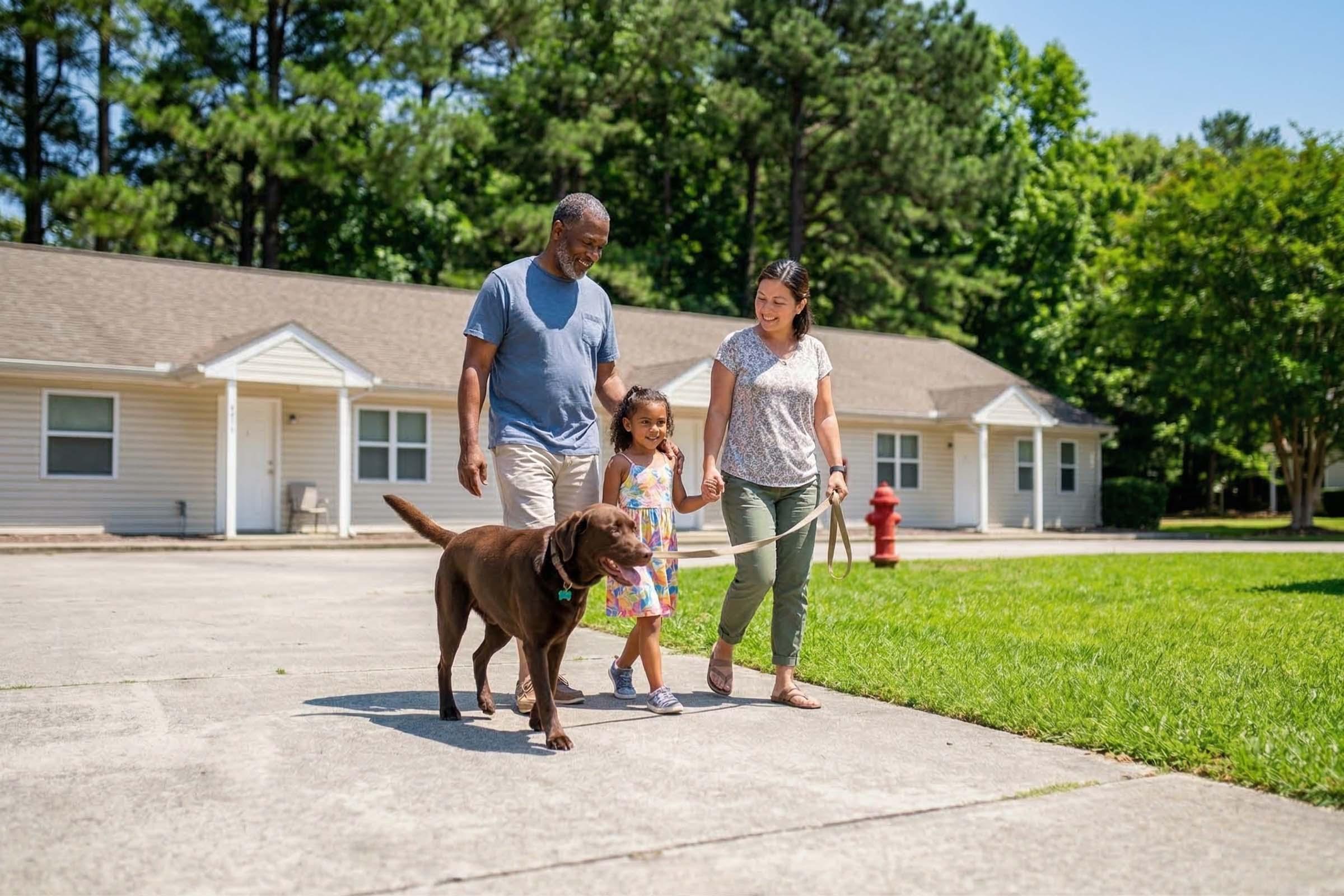 A family enjoys a sunny day outdoors, walking a brown dog. A man and woman, both smiling, hold hands with a young girl as they stroll along a paved walkway. In the background, there are trees and a modest building along with a fire hydrant.