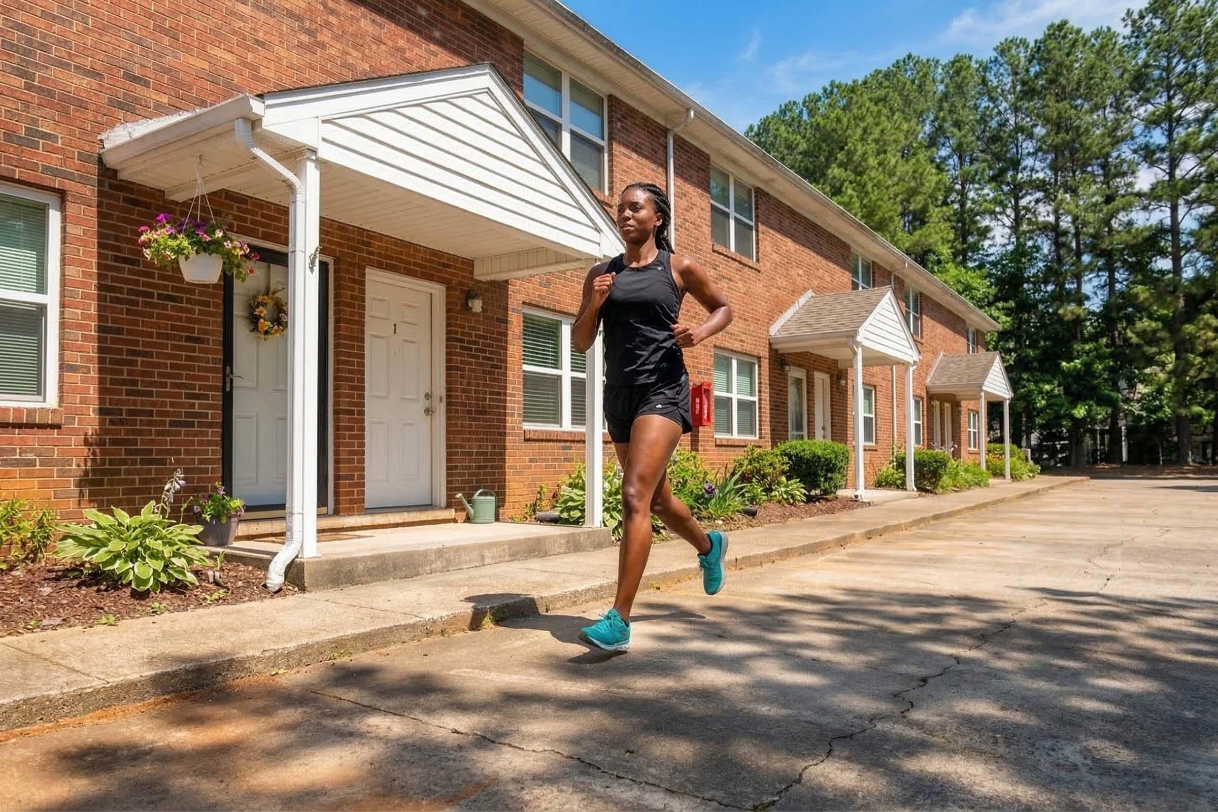 A young woman dressed in athletic gear jogs along a walkway in front of a row of brick apartment buildings. Bright sunlight illuminates the scene, highlighting the greenery and flowers near the doorways. The atmosphere conveys a sense of activity and fitness in a residential area.