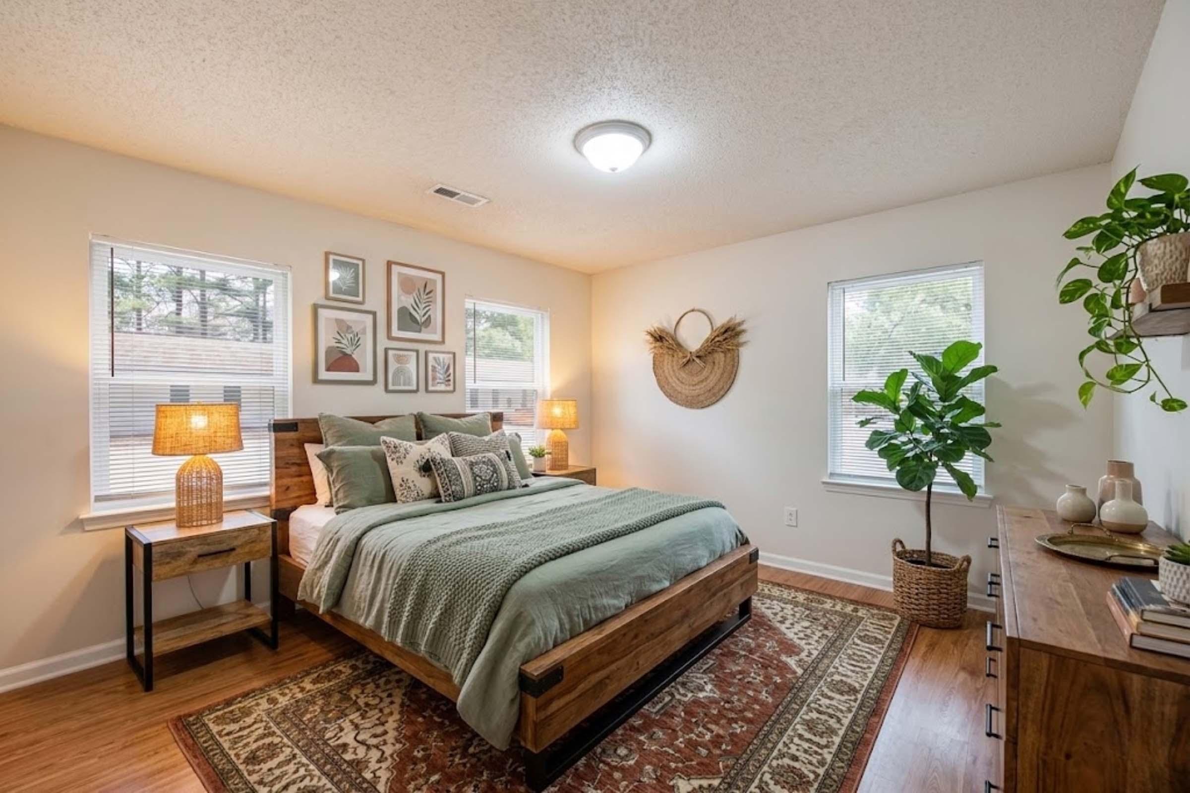 A cozy bedroom featuring a wooden bed with green bedding, decorative pillows, and a large area rug. The walls are adorned with framed artwork and a woven wall hanging. Two windows let in natural light, and a potted plant adds a touch of greenery. There are bedside tables with lamps and a dresser against the wall.
