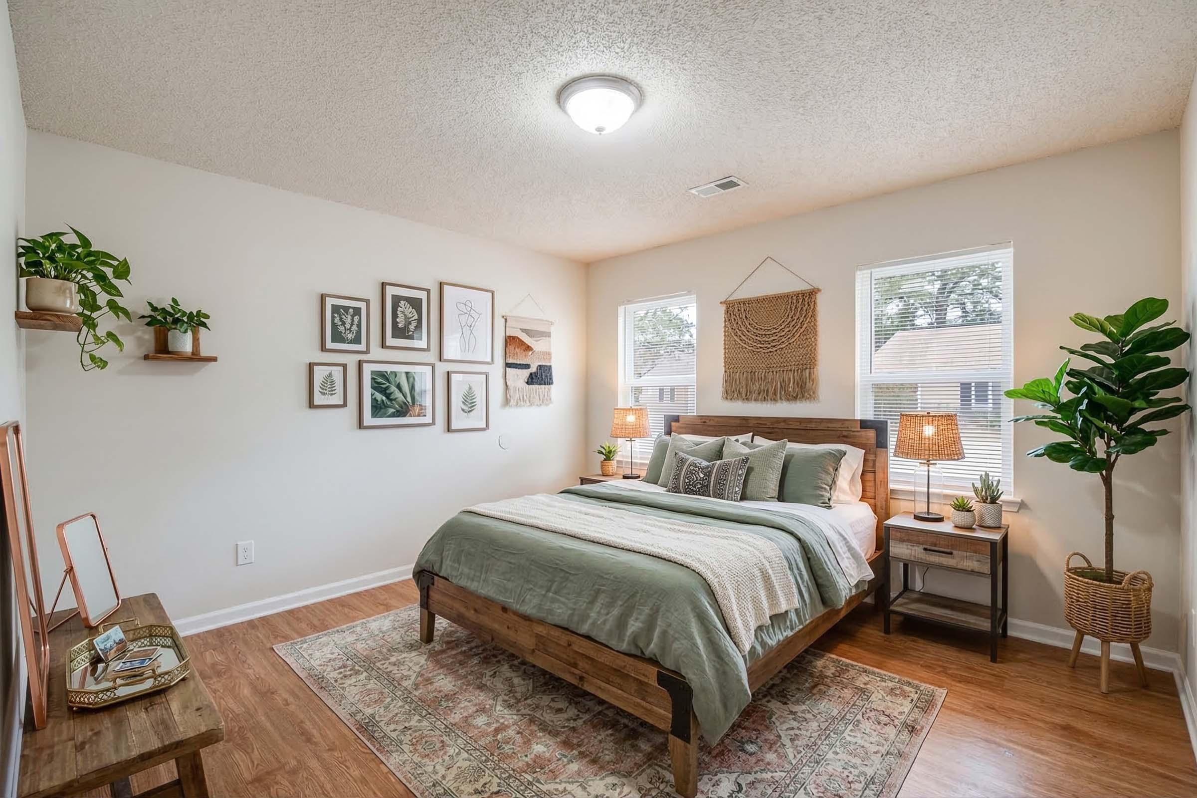 A cozy bedroom featuring a king-size bed with green bedding, decorative pillows, and wooden furniture. The walls are adorned with framed artwork and plants, while two windows let in natural light. A nightstand with lamps and a woven wall hanging add a touch of warmth to the space.