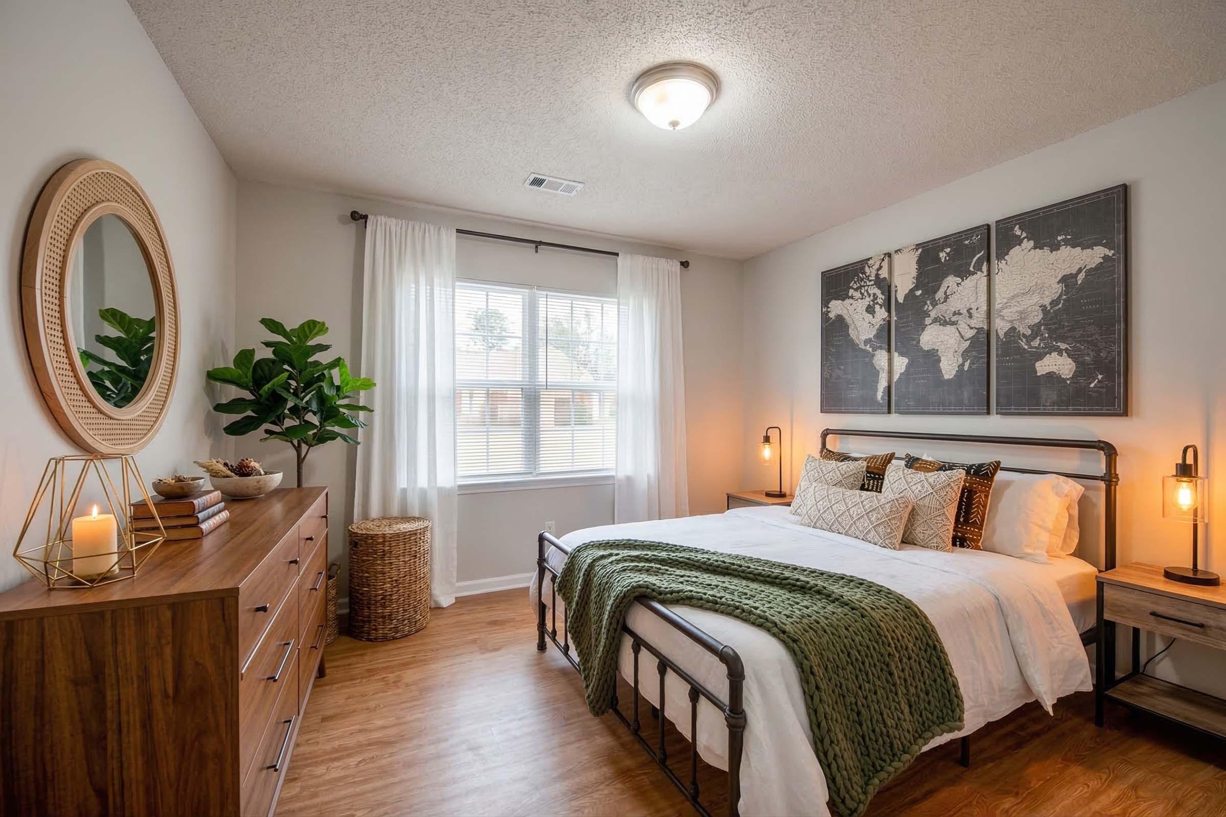 A cozy bedroom featuring a metal frame bed with a green throw blanket, decorative pillows, and a world map on the wall. There's a wooden dresser, a potted plant, and a woven basket near a window with sheer curtains. Soft lighting from bedside lamps creates a warm ambiance.