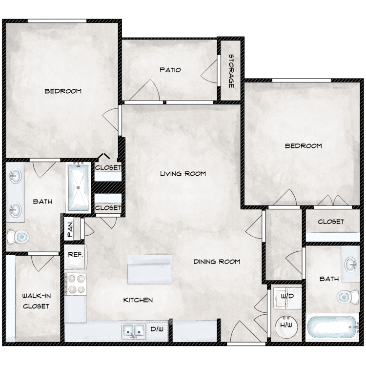 2 Bed 2 Bath A floor plan image