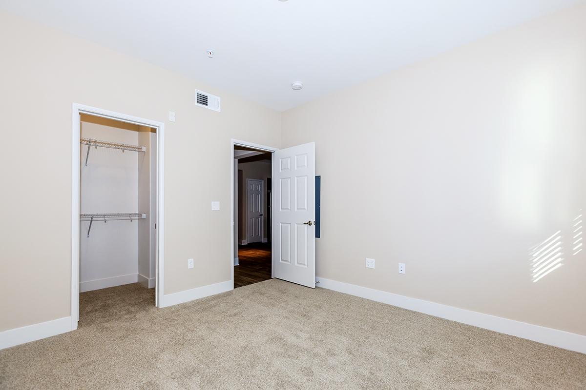 Unfurnished carpeted bedroom with open closet door
