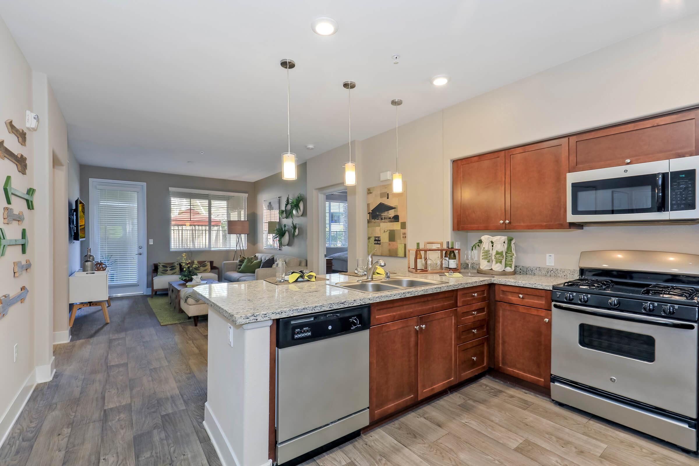 a kitchen with a stove top oven