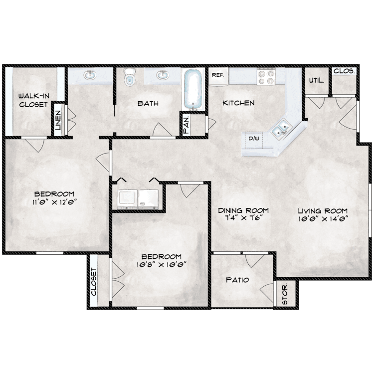 2 Bed 1 Bath floor plan image