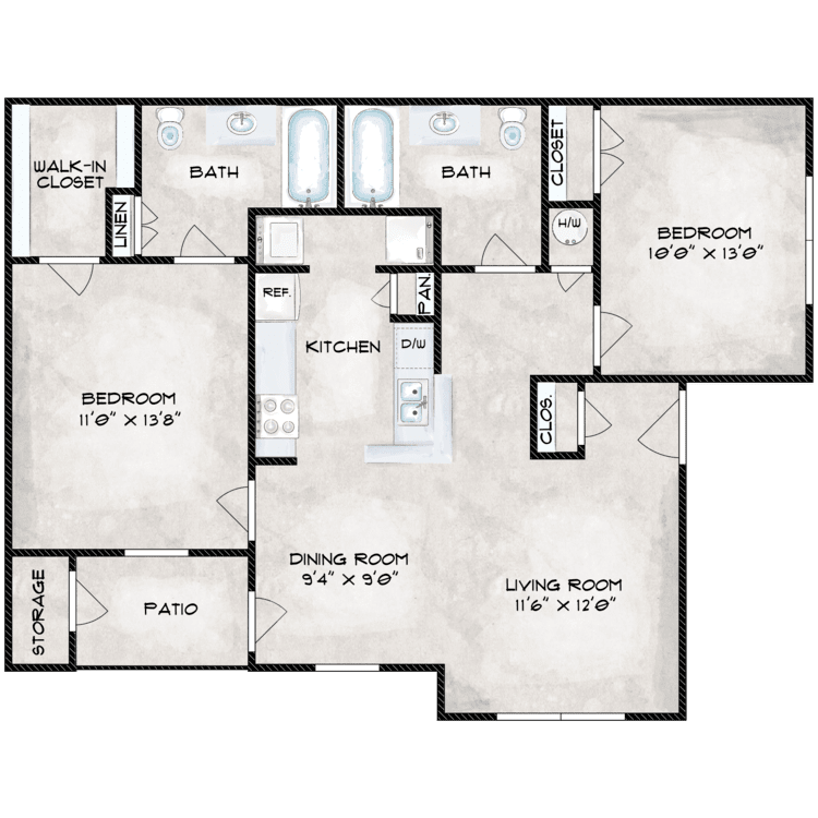 2 Bed 2 Bath floor plan image