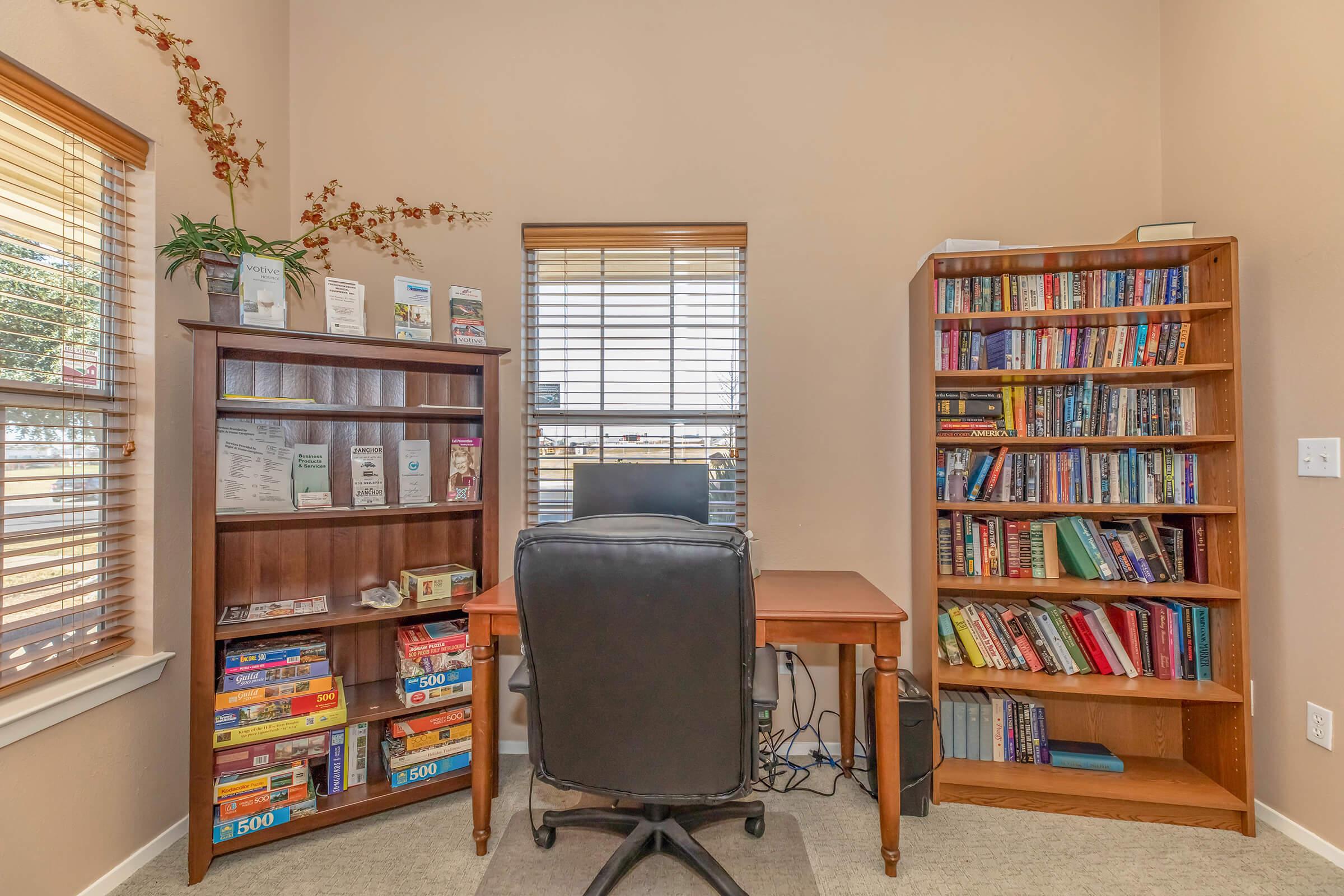 a living room filled with furniture and a book shelf