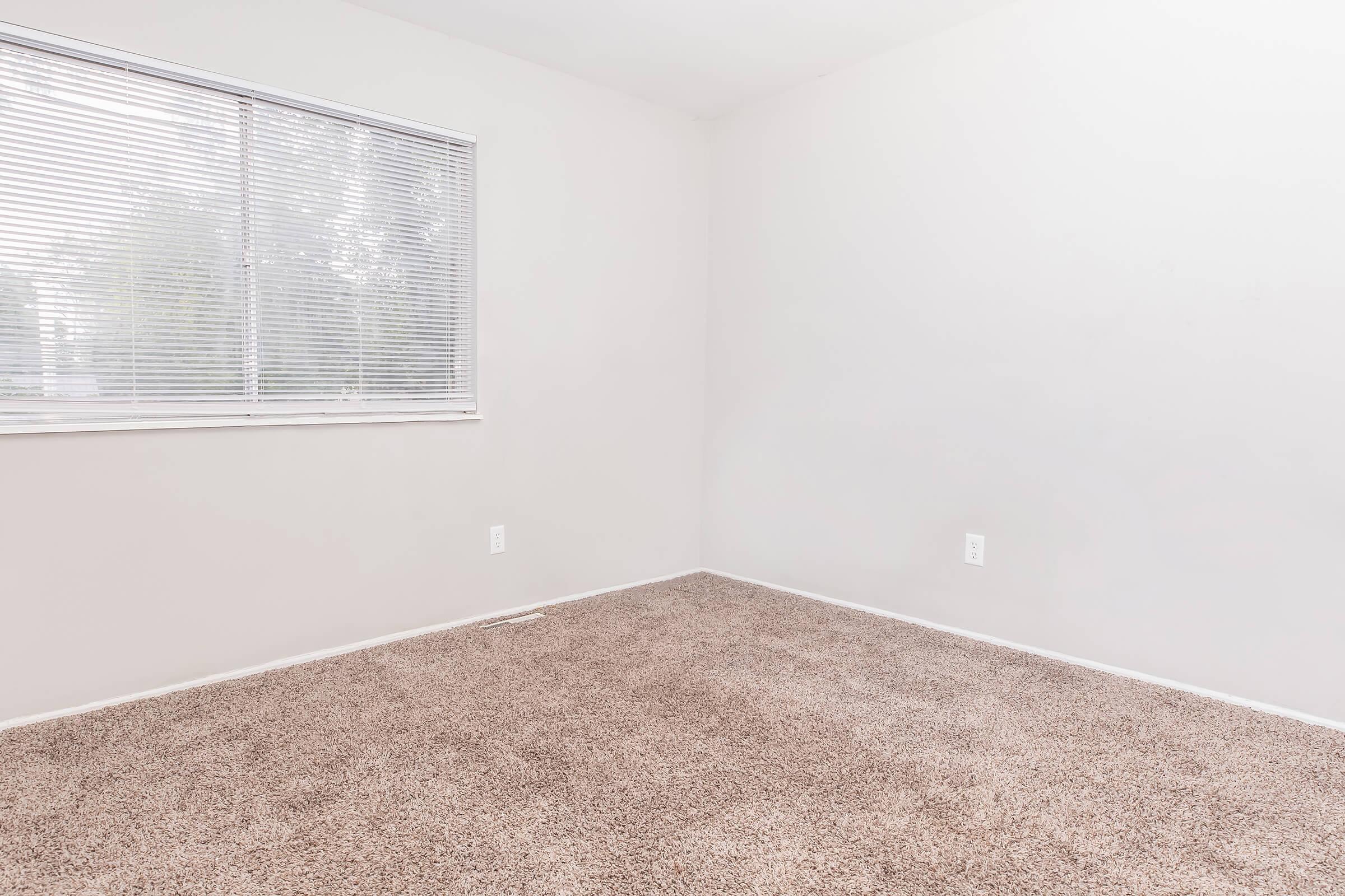 Empty room with light beige carpet and plain white walls. A window with blinds is visible on the left side, allowing natural light to enter. The space appears clean and uncluttered, creating a bright and simple atmosphere.
