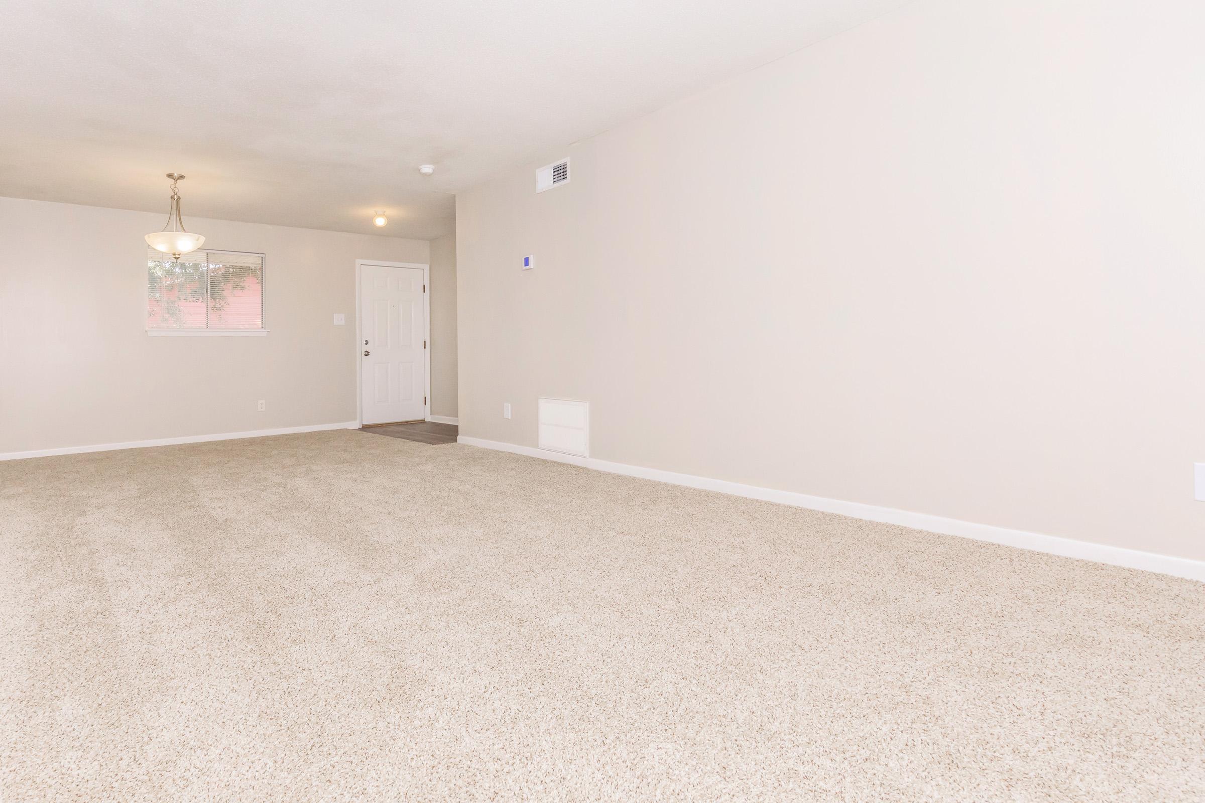 A spacious, empty living room with light beige walls and a plush carpet. There is a window on the left side letting in natural light, and a doorway leading outside is visible. A simple light fixture hangs from the ceiling, enhancing the bright, airy feel of the space.