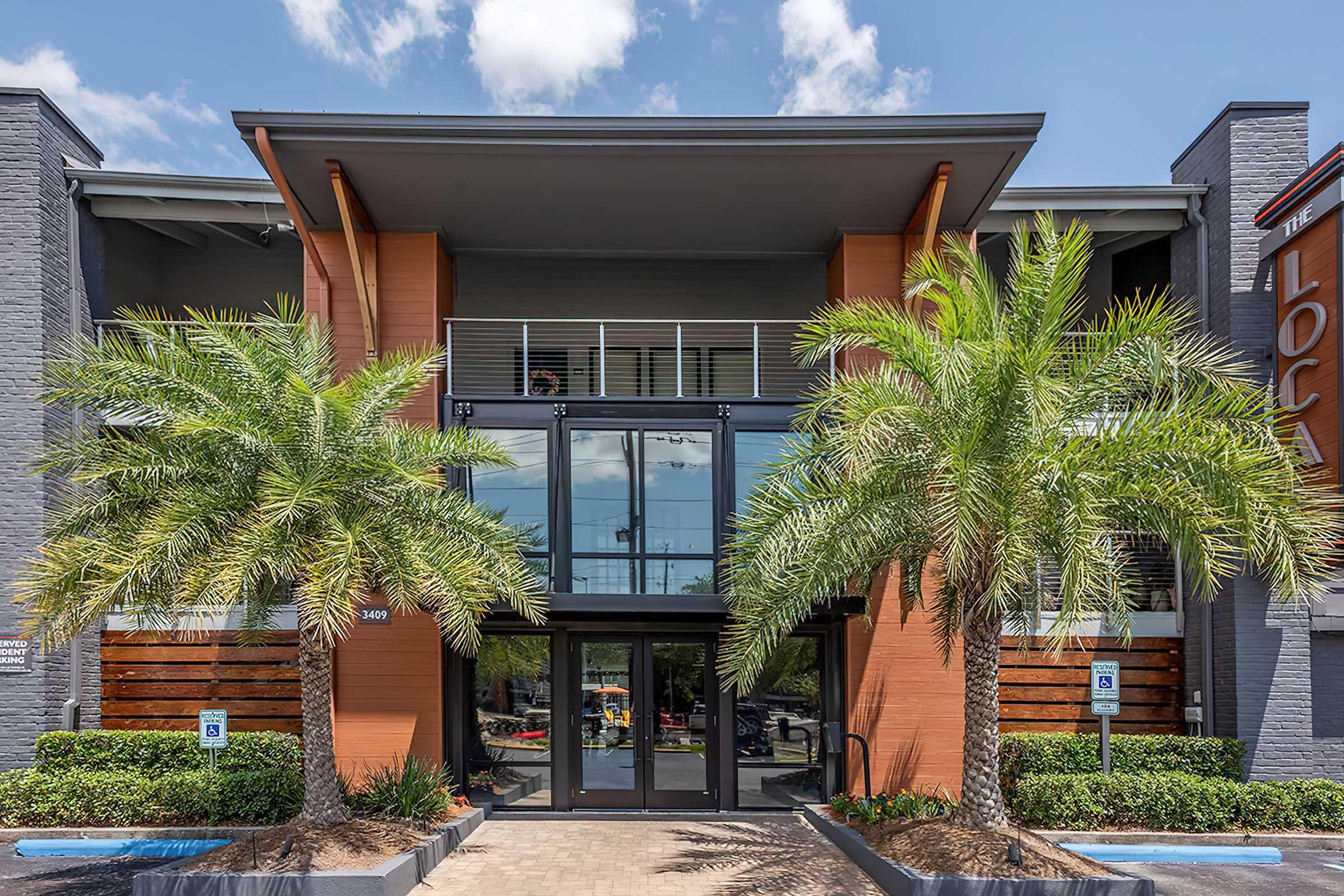 a palm tree in front of a building