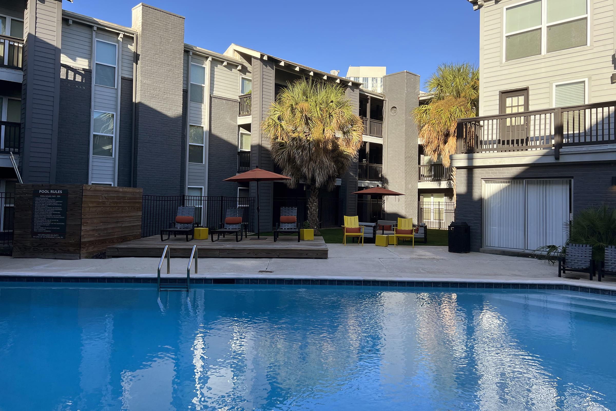 a building with a large pool of water