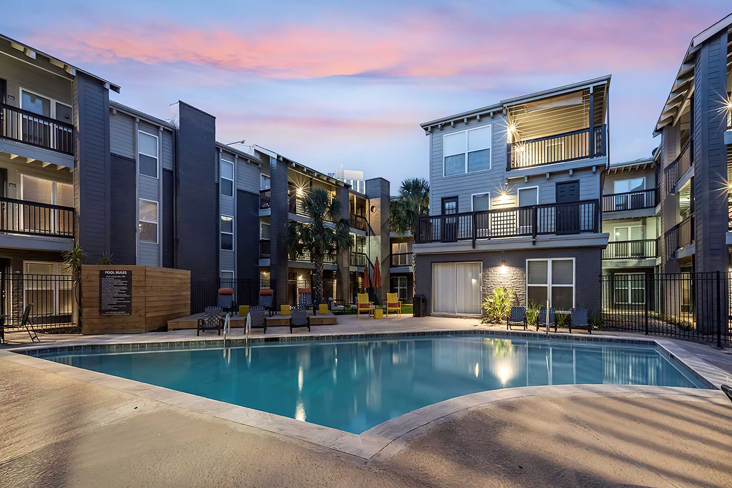 a building with a large pool of water