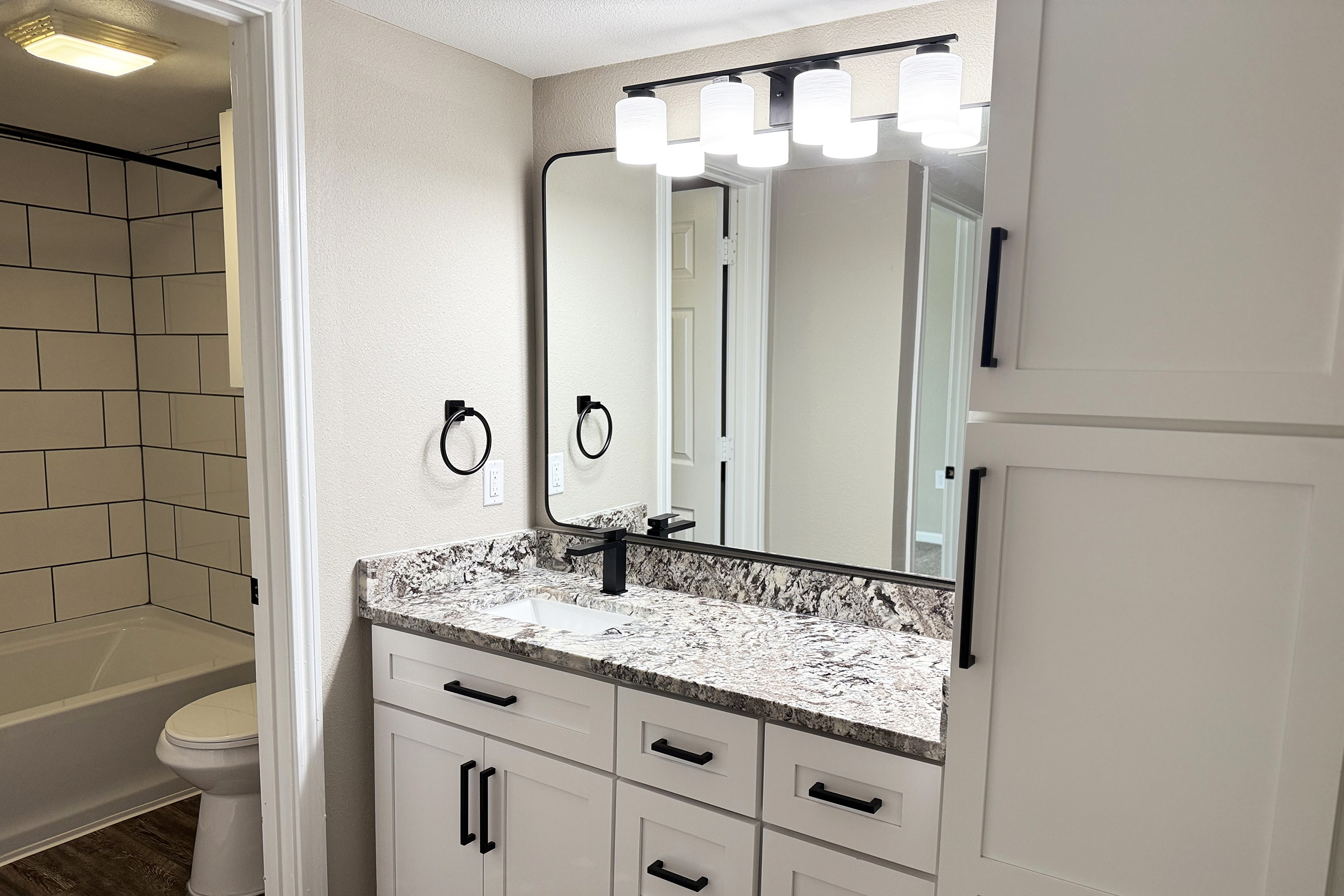Modern bathroom featuring a double sink vanity with a granite countertop, large mirror, and stylish lighting fixtures. The walls are painted in neutral tones, and there are towel rings on either side. A door leads to a tiled shower area with a bathtub, completing the contemporary aesthetic.