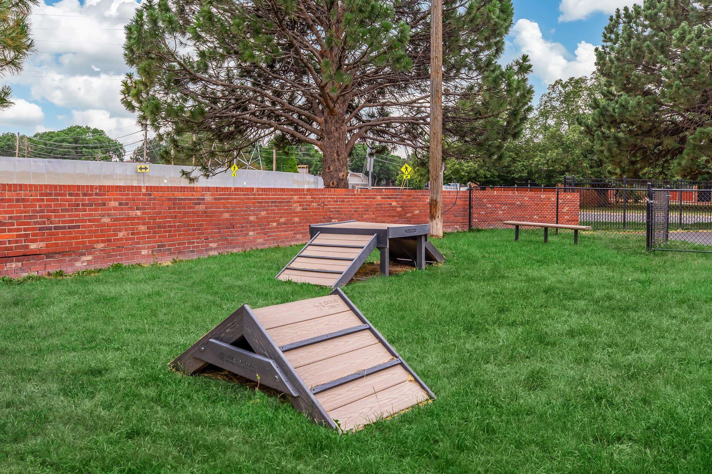 A grassy area featuring wooden ramps designed for pet agility. In the background, there is a brick wall and tall trees under a cloudy sky. The setting appears to be a park or backyard space, with a fence visible in the distance.
