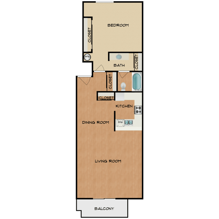 1 Bed 1 Bath, a 1 bedroom 1 bathroom floor plan.