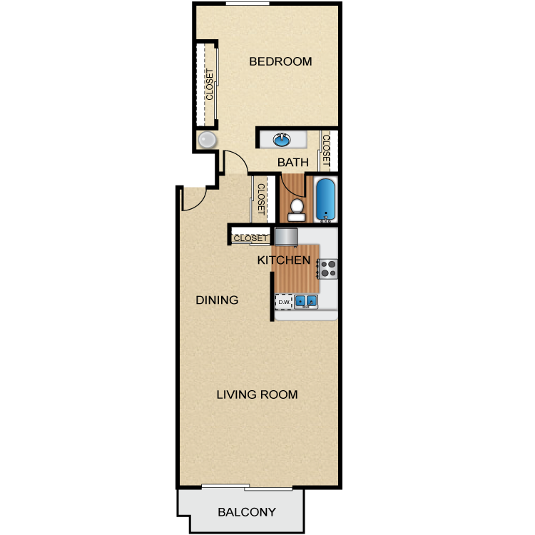 1 Bed 1 Bath, a 1 bedroom 1 bathroom floor plan.