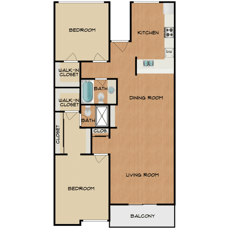 2 Bed 2 Bath, a 2 bedroom 2 bathroom floor plan.