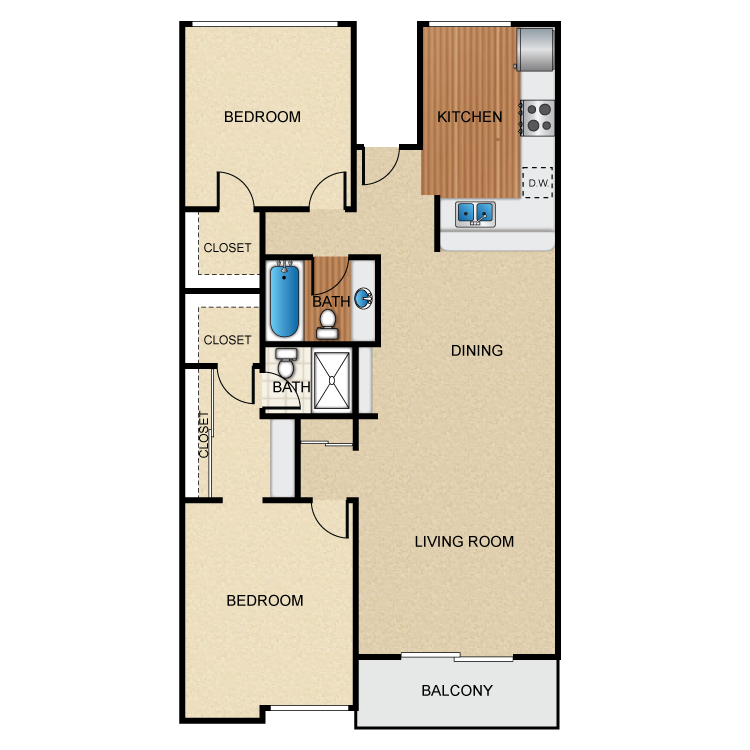 2 Bed 2 Bath, a 2 bedroom 2 bathroom floor plan.