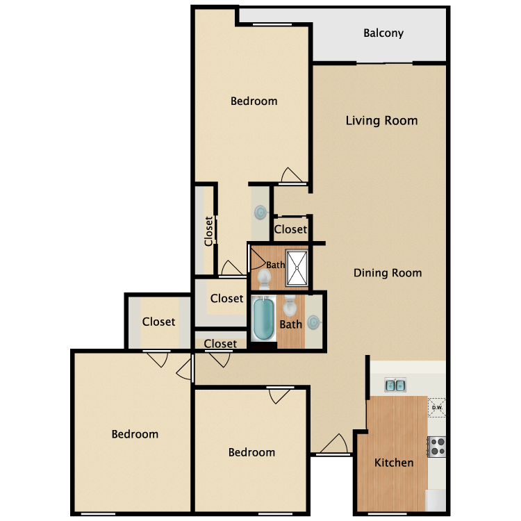 3 Bed 2 Bath, a 3 bedroom 2 bathroom floor plan.