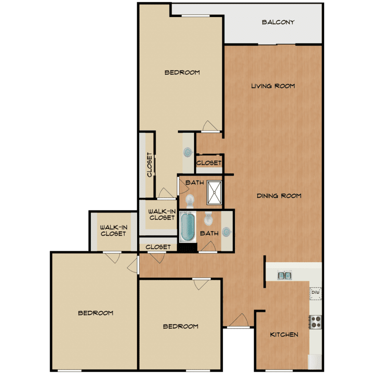 3 Bed 2 Bath, a 3 bedroom 2 bathroom floor plan.
