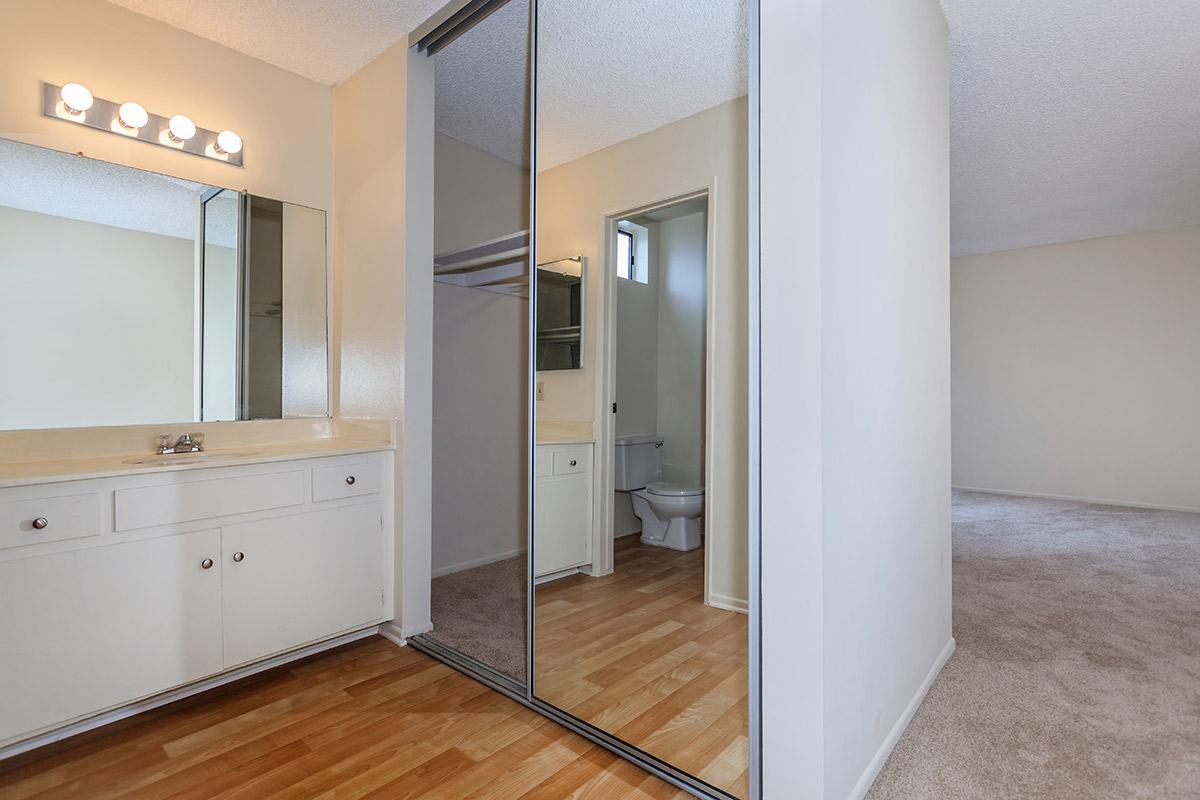 Bathroom sink and sliding mirror glass closet doors