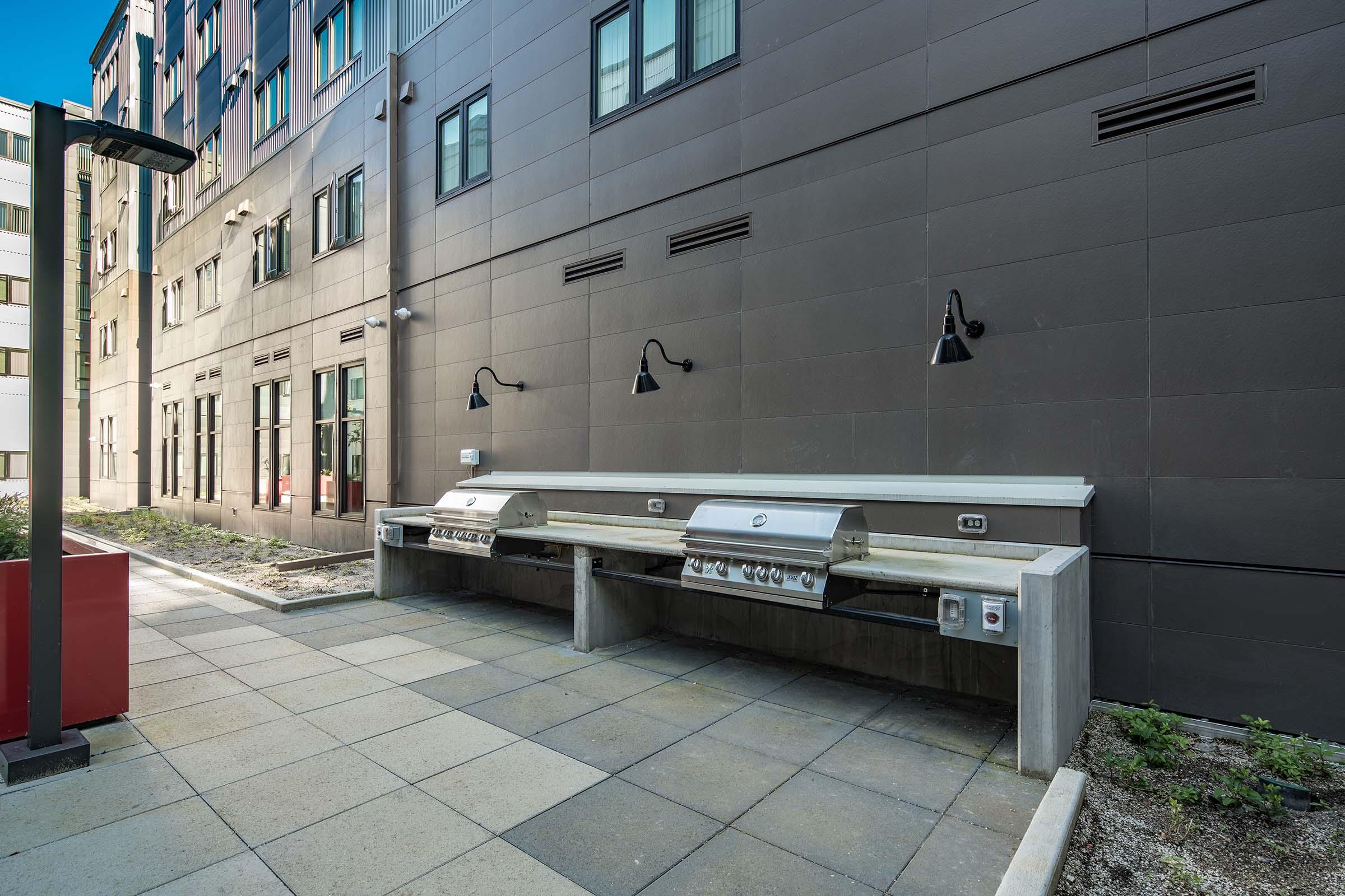 a bench in front of a building