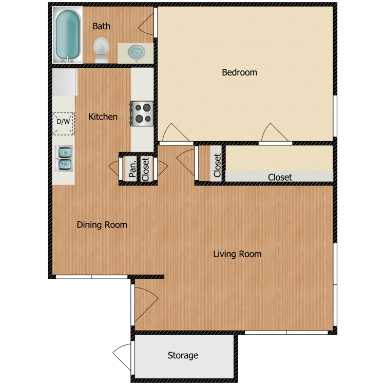 1 Bed 1 Bath, a 1 bedroom 1 bathroom floor plan.