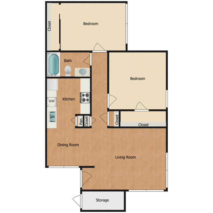 2 Bed 1 Bath, a 2 bedroom 1 bathroom floor plan.