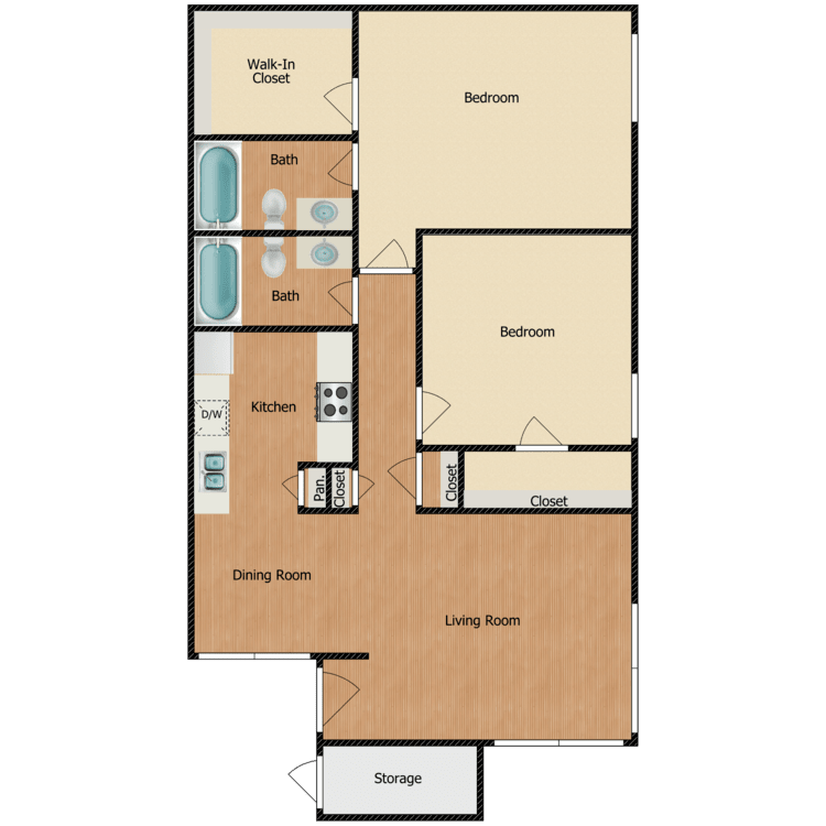 2 Bed 2 Bath, a 2 bedroom 2 bathroom floor plan.