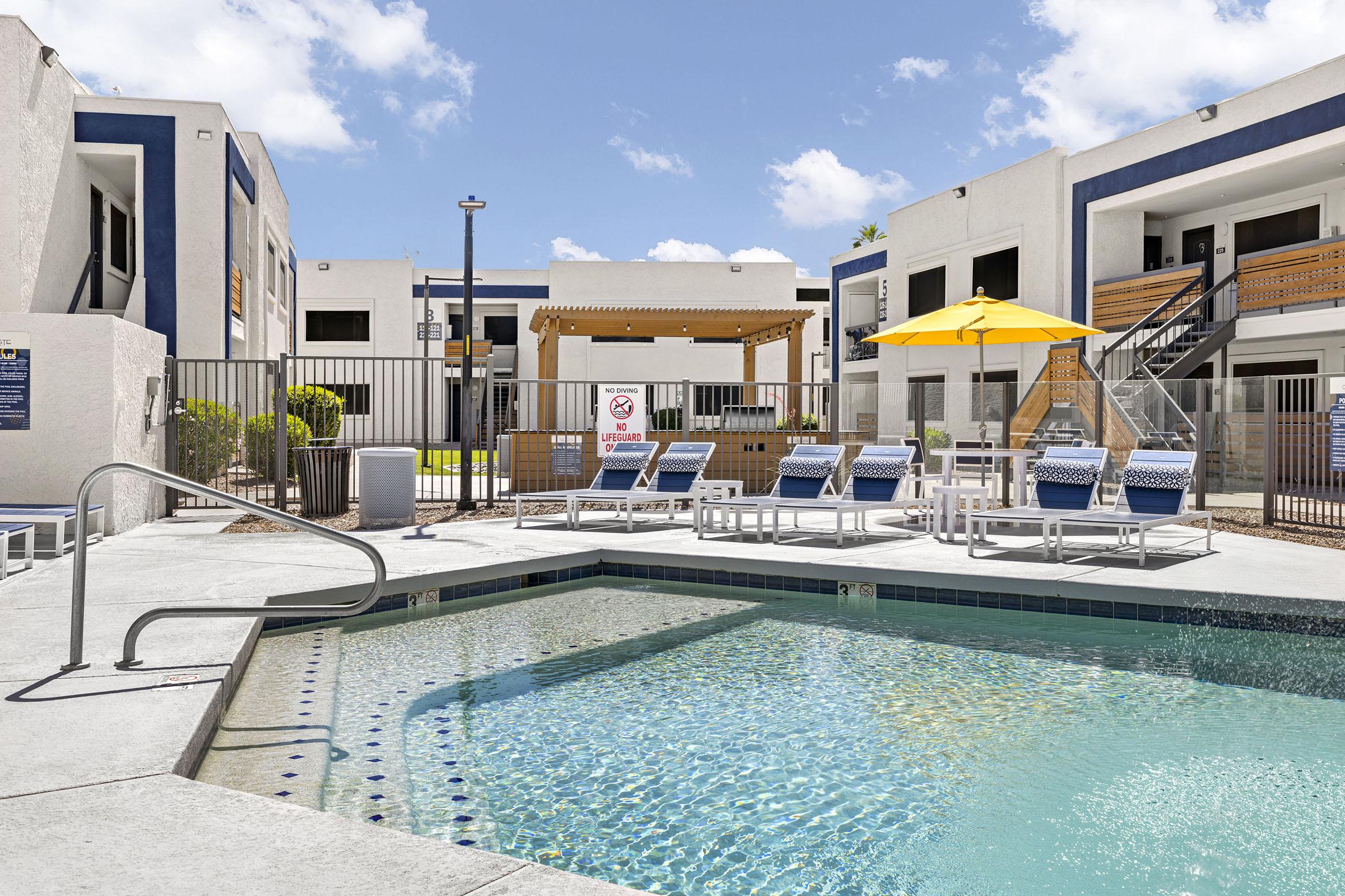 Swimming pool and pool-deck seating.