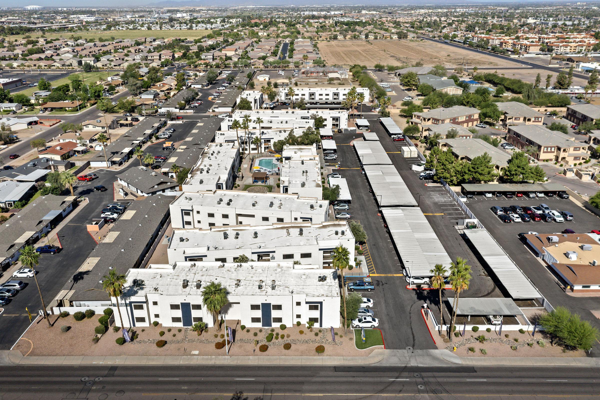 Aerial view of the apartment community.