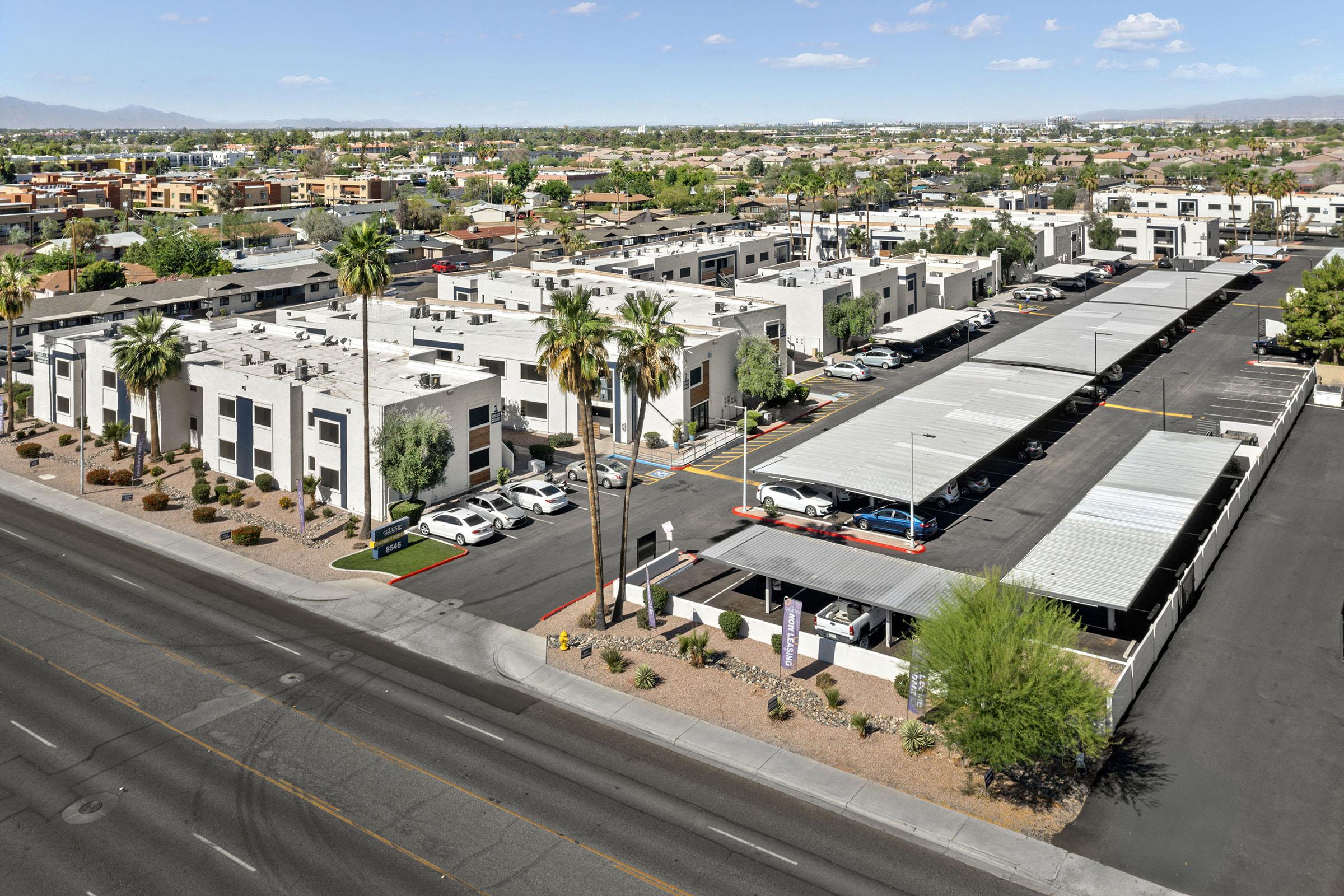 Aerial view of the apartment community.