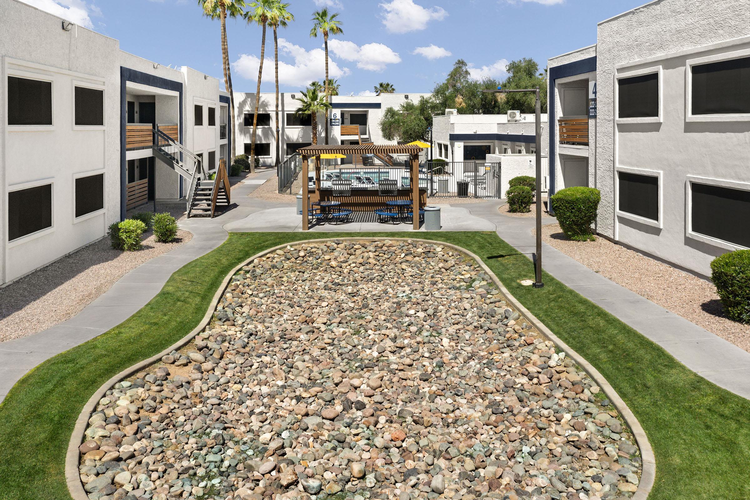 Apartment buildings and community walkways.