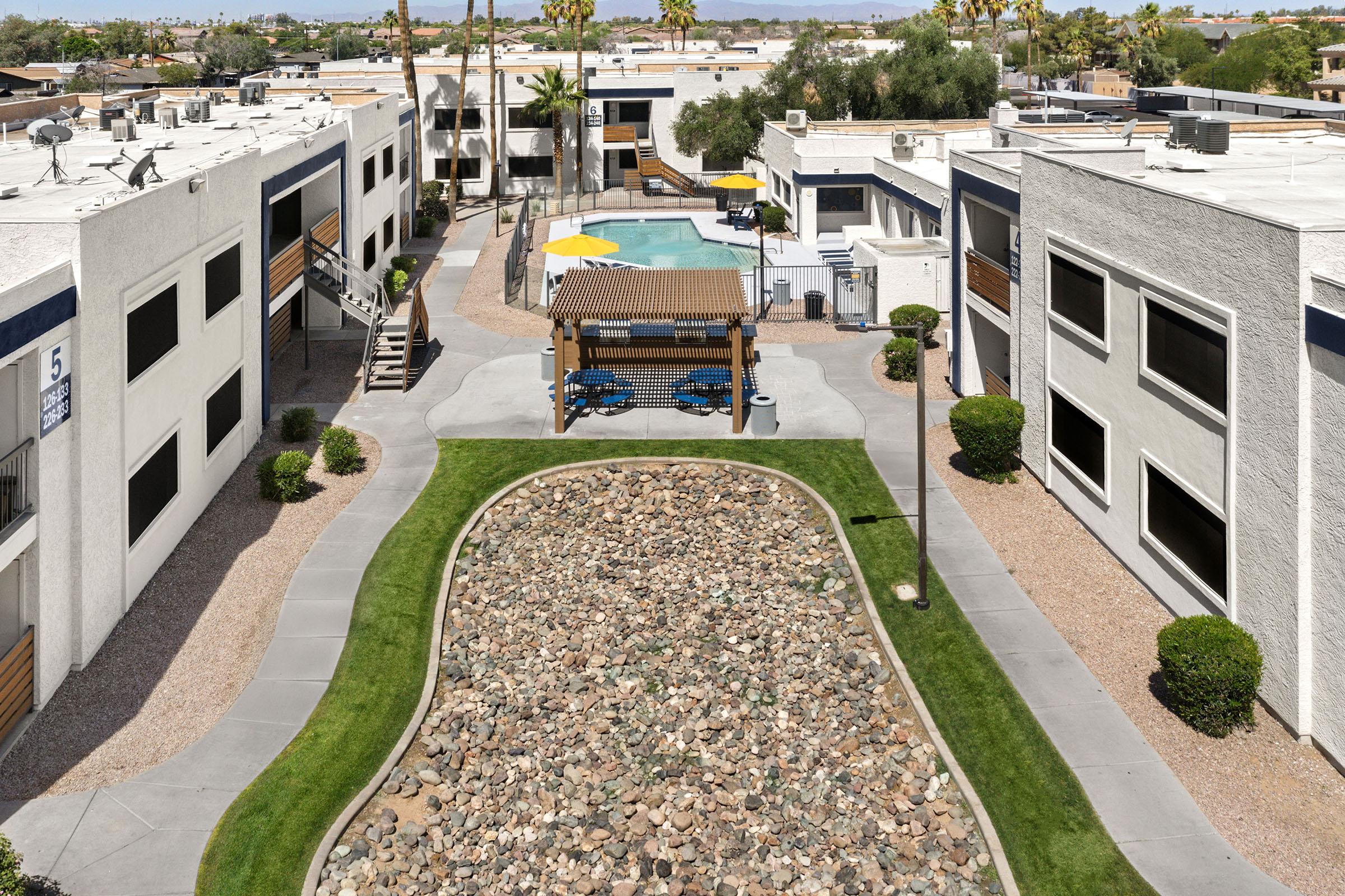 Aerial view of the apartment community.