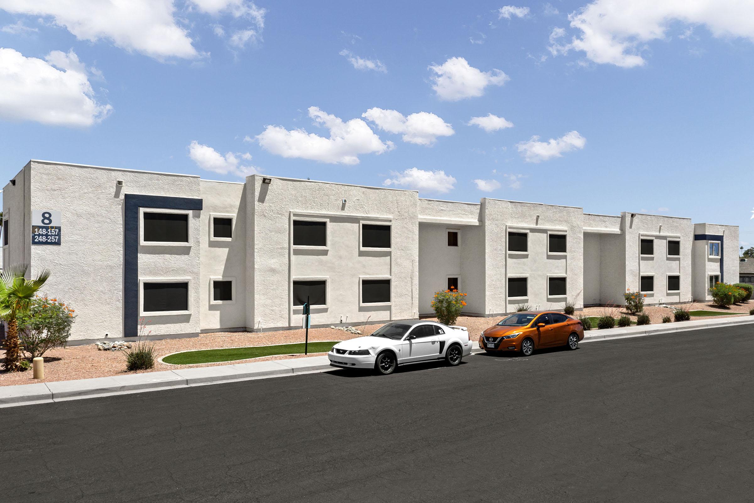 Apartment buildings and community walkways.