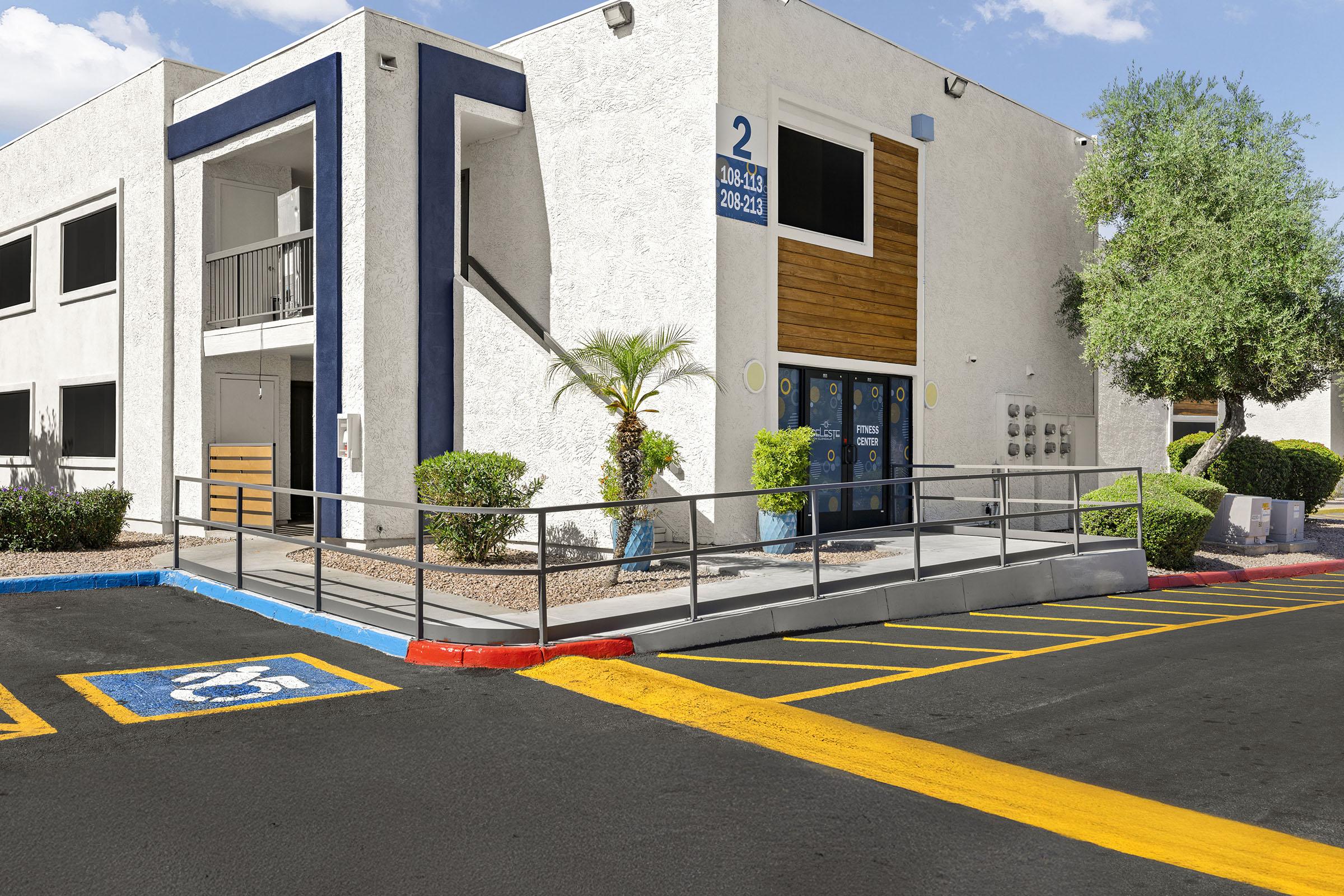Apartment buildings and community walkways.