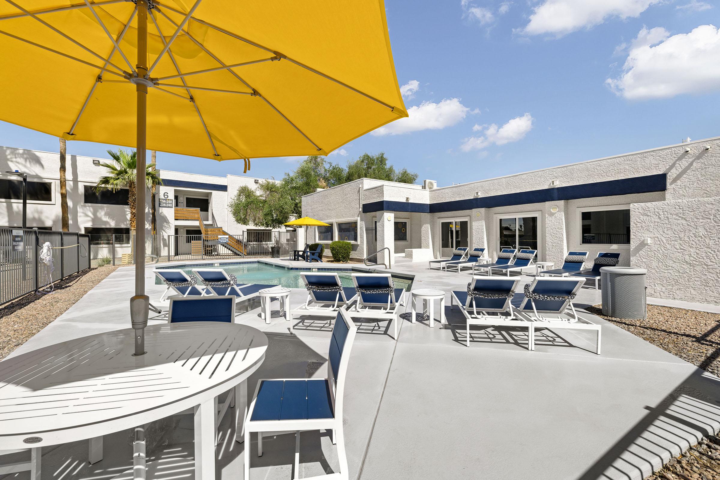 Swimming pool and pool-deck seating.