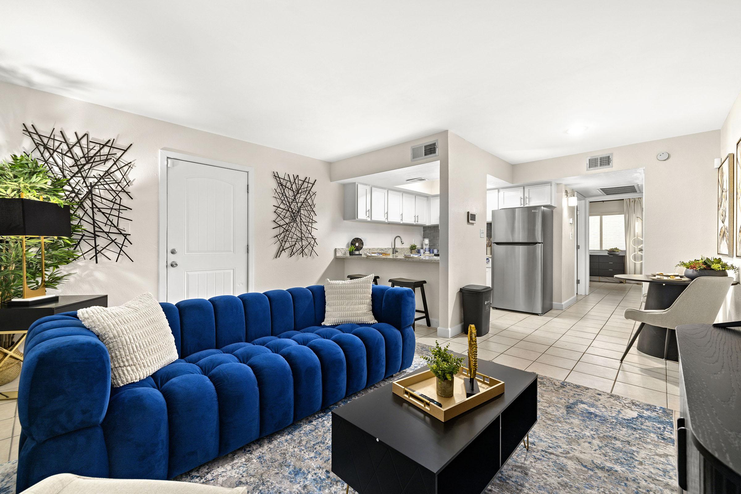 Furnished model apartment living room.
