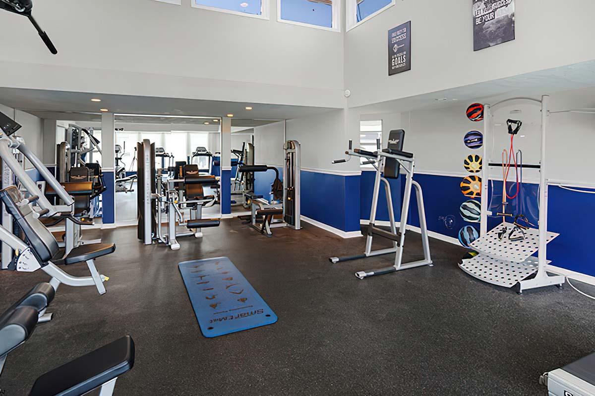 A well-equipped gym with various exercise machines, including weight machines and cardio equipment. The space features blue accent walls, large windows allowing natural light, and a fitness mat on the floor. Posters on the walls provide motivational messages.
