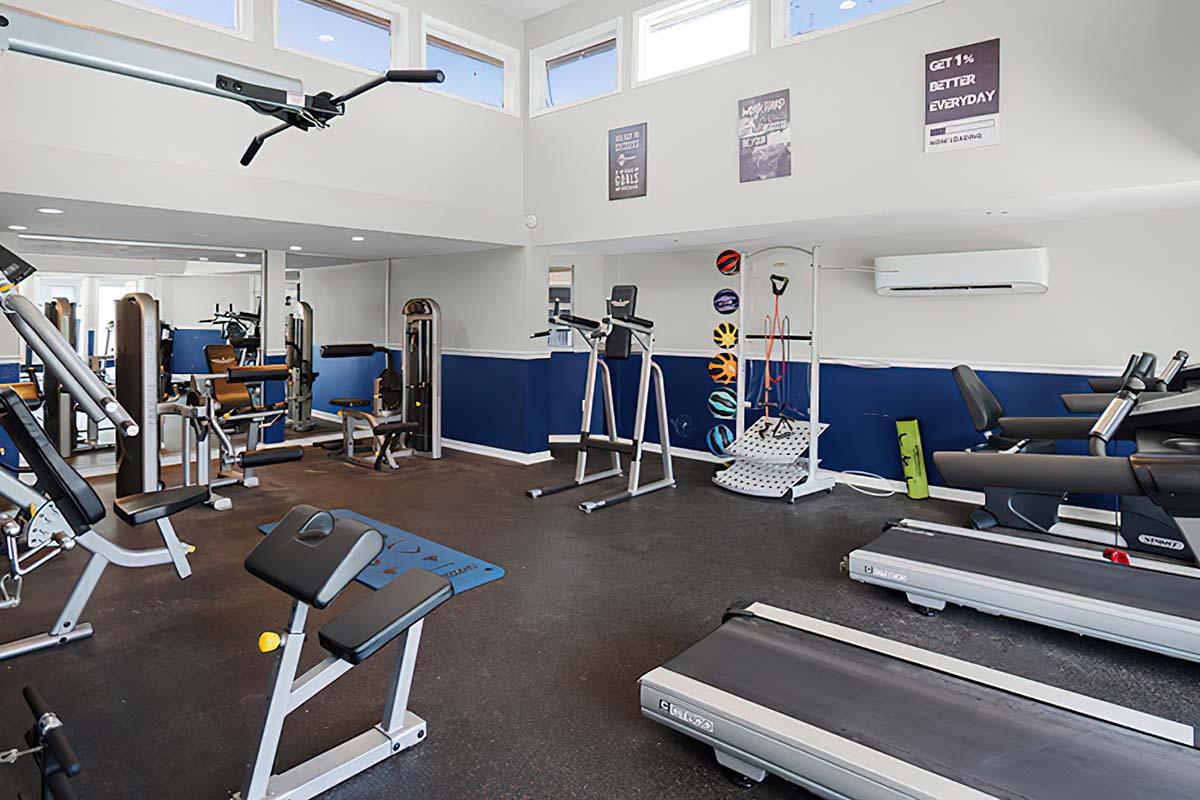 A well-lit gym space featuring various workout equipment, including treadmills, weight machines, and resistance bands. The walls are painted in blue and white, and motivational posters are displayed. Large windows provide natural light, creating an inviting atmosphere for exercise.