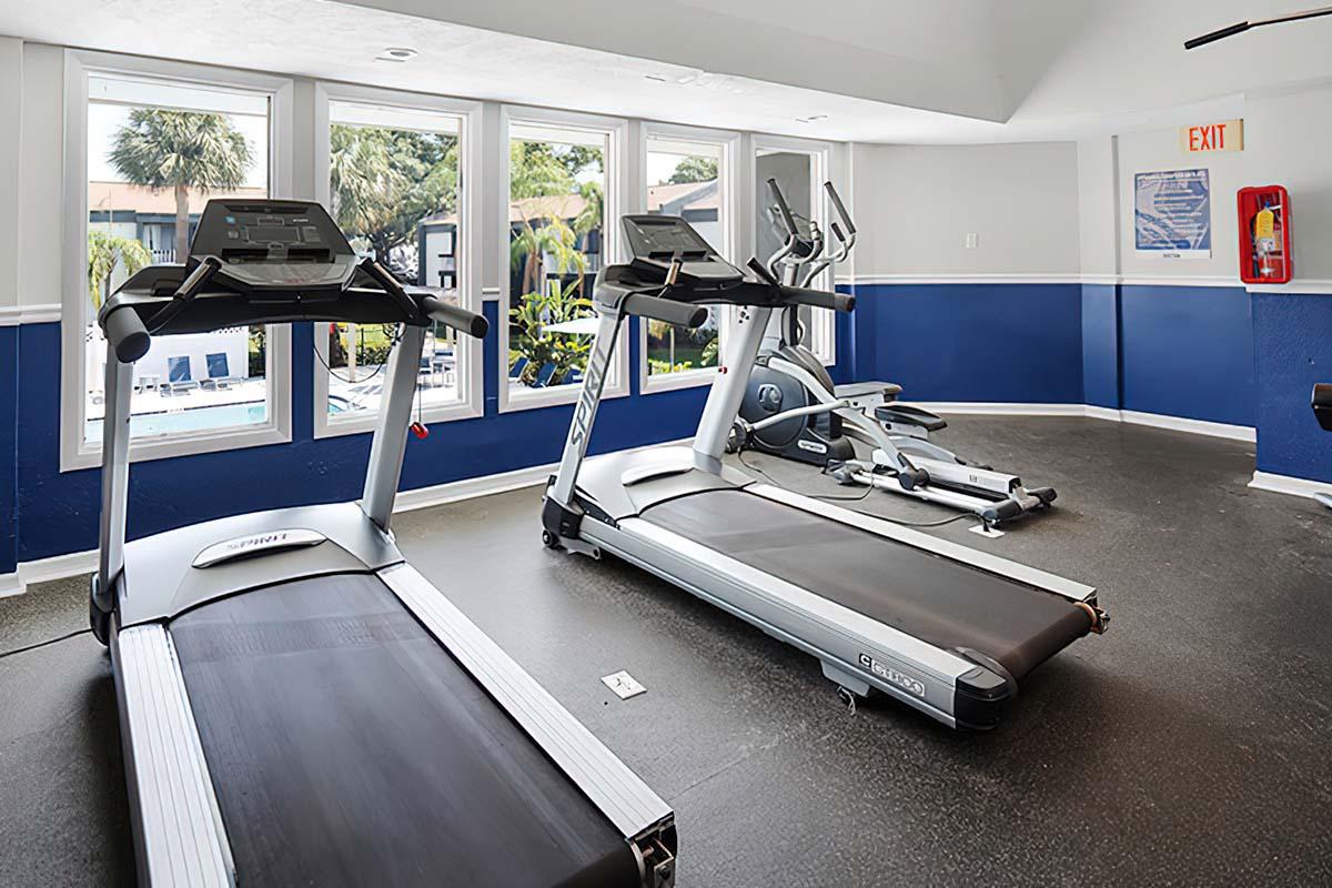 Fitness room with two treadmills and an elliptical machine. Large windows provide natural light and a view of an outdoor pool area. The walls are painted blue and white, and there is a visible exit sign and fire extinguisher on the wall.