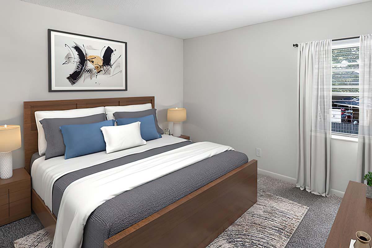 A modern bedroom featuring a wooden bed frame with white and gray bedding, blue accent pillows, and two bedside lamps. A simple artwork hangs above the bed. The room has gray walls, a window with sheer curtains, and a soft rug on the carpeted floor, creating a cozy and inviting atmosphere.