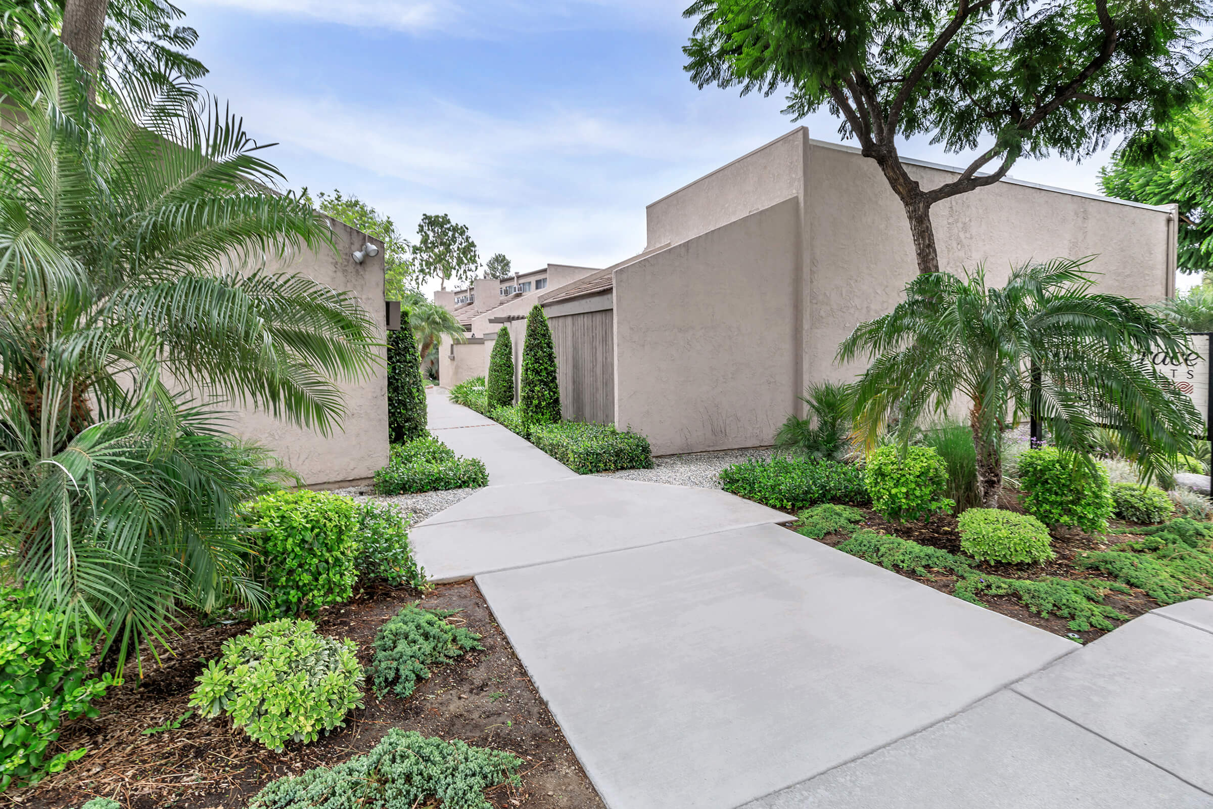 A serene pathway lined with lush green plants and palm trees, leading to modern buildings with stucco exteriors. The scene features well-maintained landscaping and a clear blue sky, creating a peaceful atmosphere in an outdoor setting.